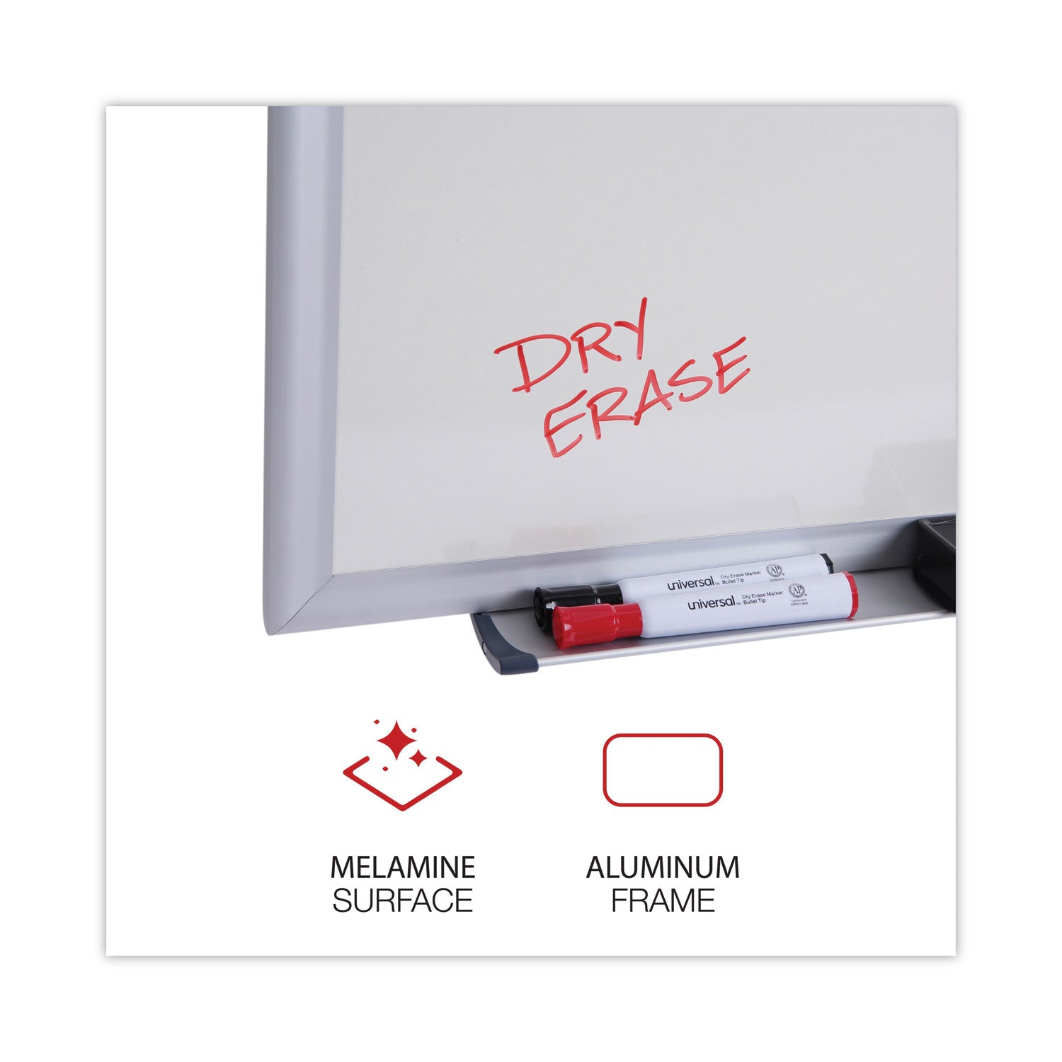 Universal® Deluxe Melamine Dry Erase Board, 24 x 18, Melamine White Surface, Silver Aluminum Frame