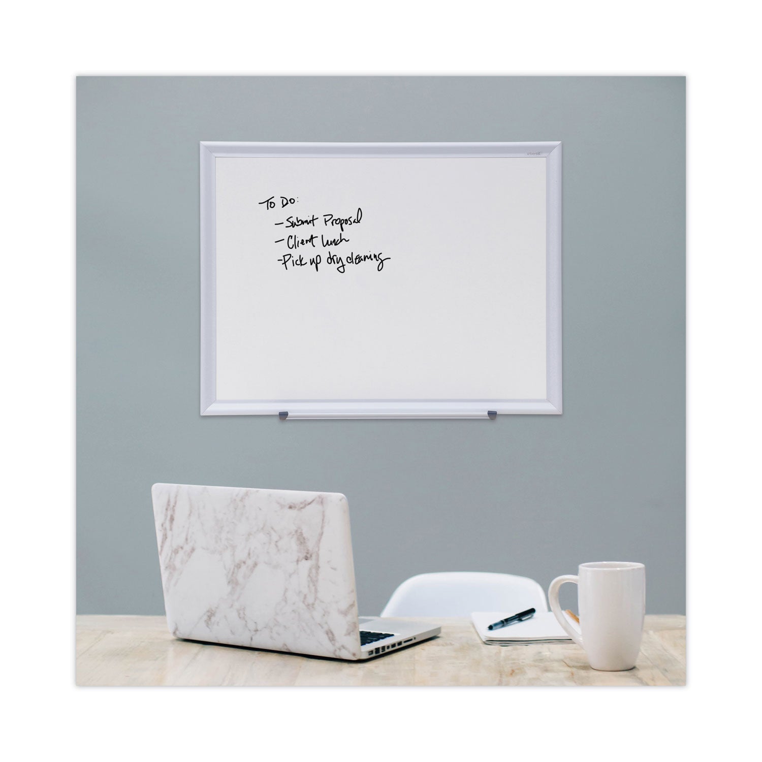 Universal® Deluxe Melamine Dry Erase Board, 24 x 18, Melamine White Surface, Silver Aluminum Frame