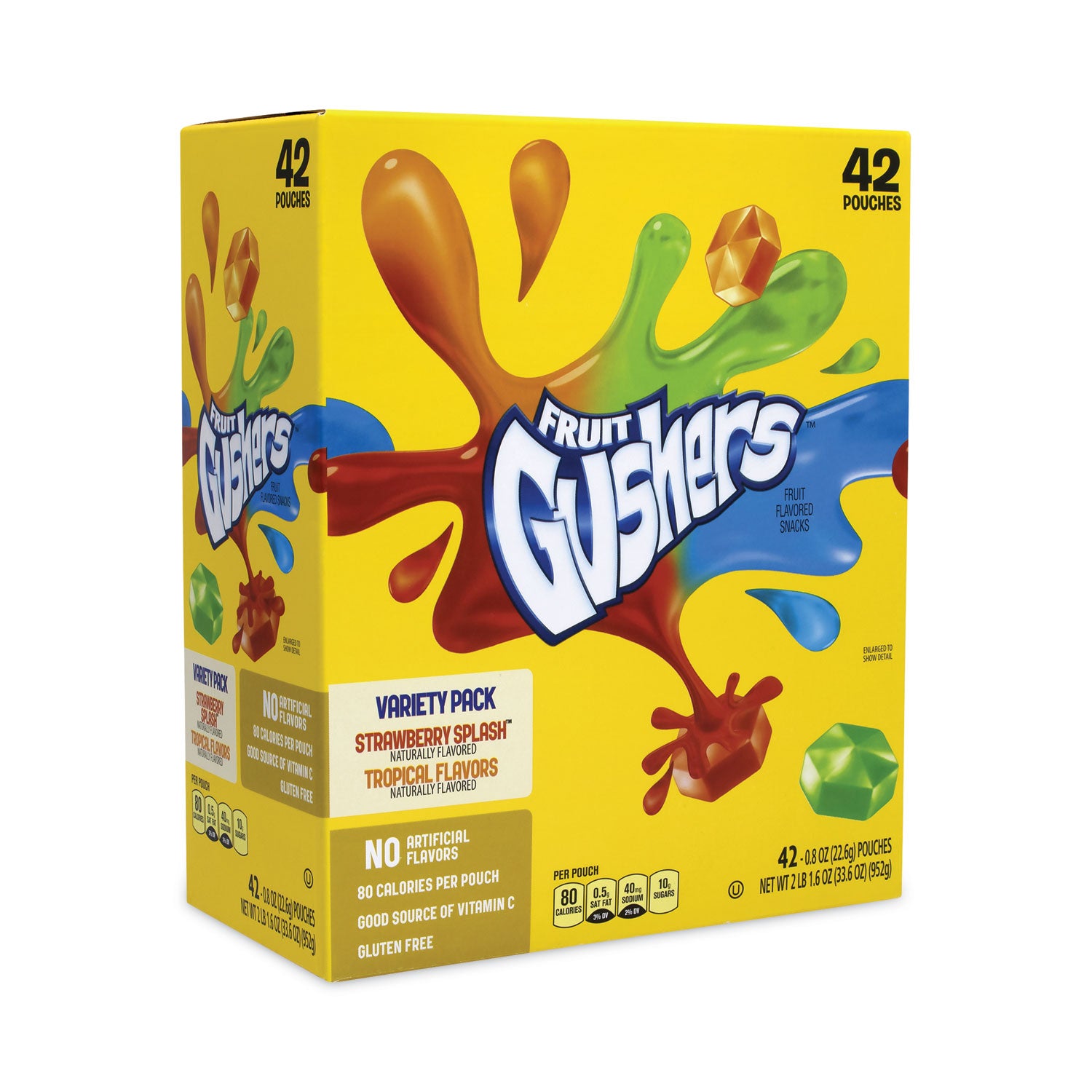 Fruit Gushers Fruit Snacks, Strawberry and Tropical Fruit Flavors, 0.8 oz, 42 Pouches/Carton