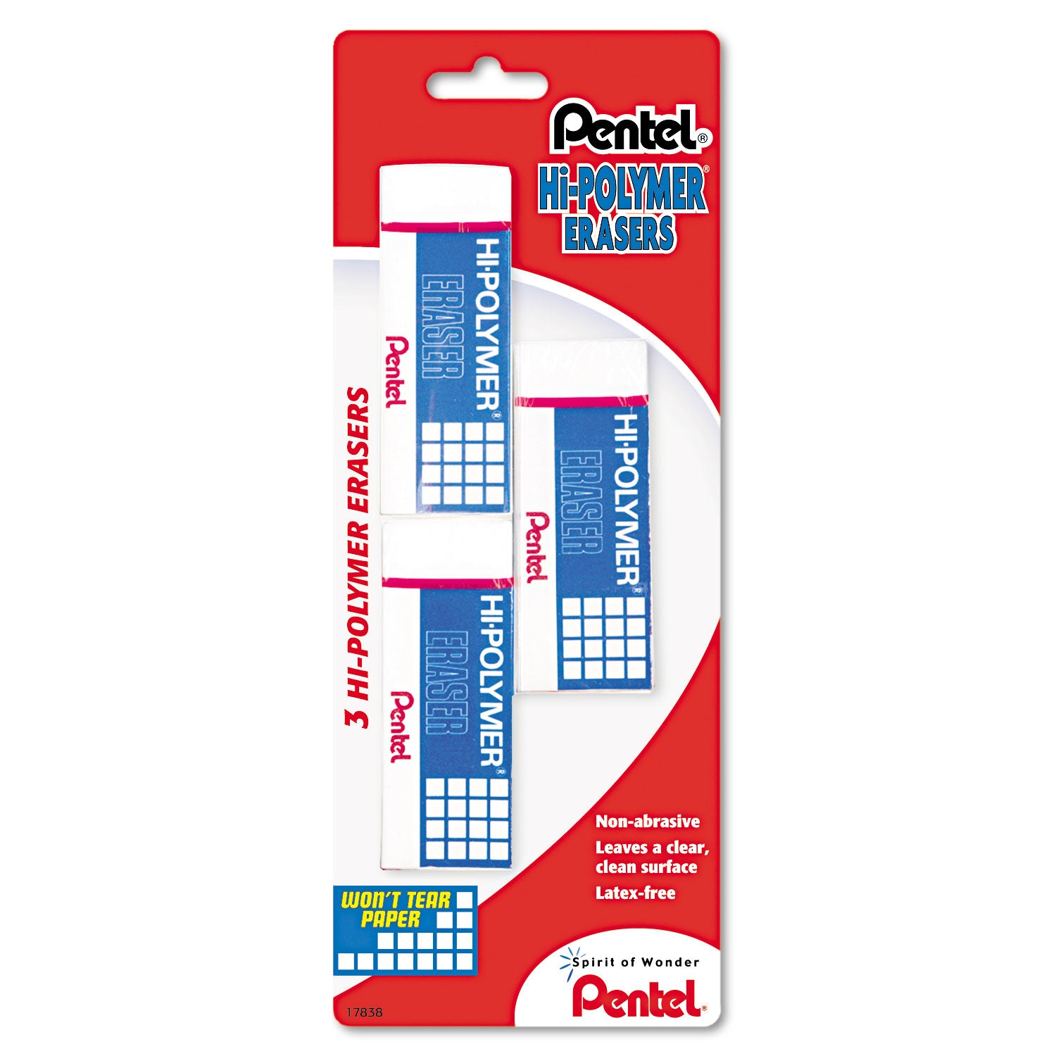 Pentel® Hi-Polymer Eraser, For Pencil Marks, Rectangular Block, Medium, White, 3/Pack