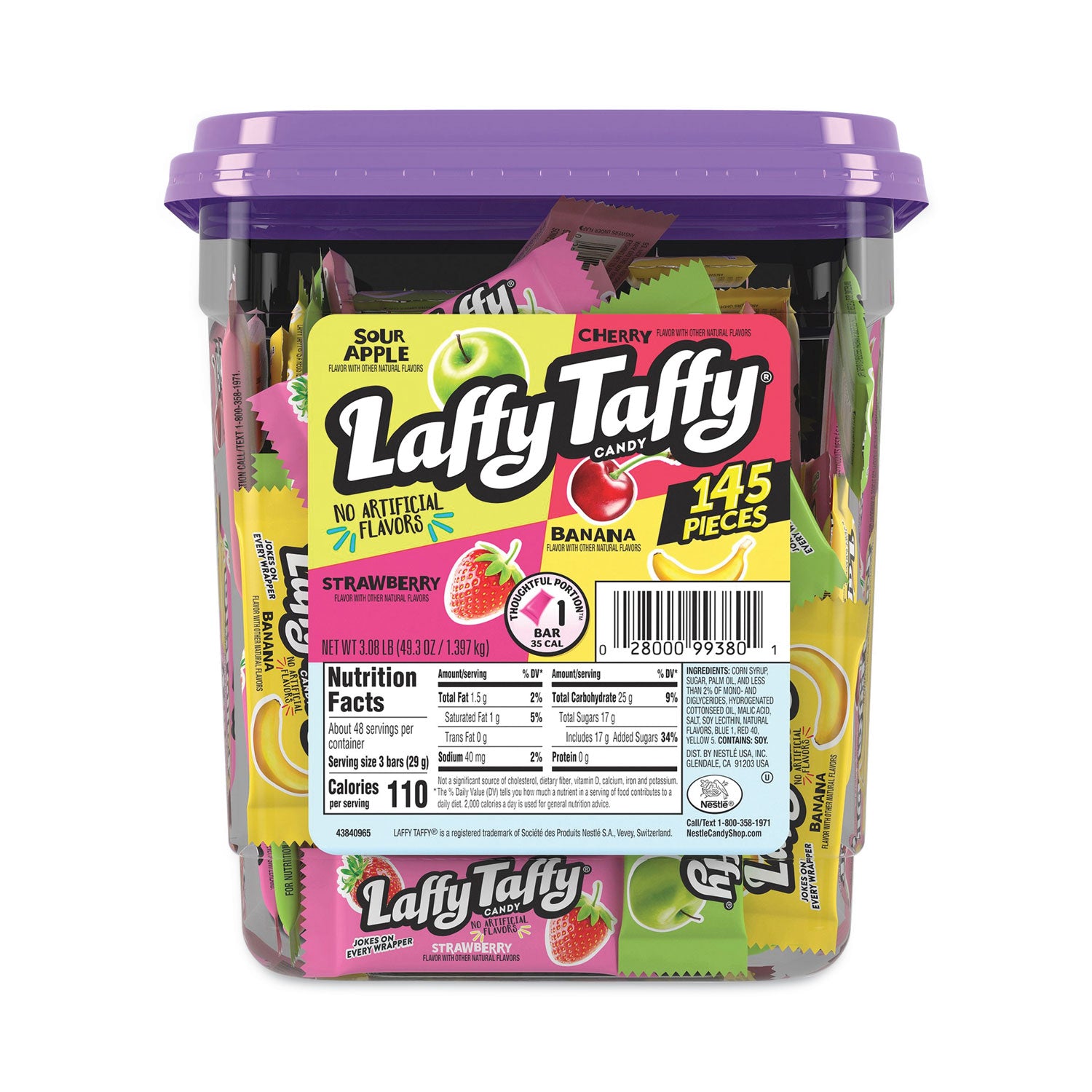 Laffy Taffy, Assorted Flavors, 3.08 lb Tub, 145 Wrapped Pieces/Tub