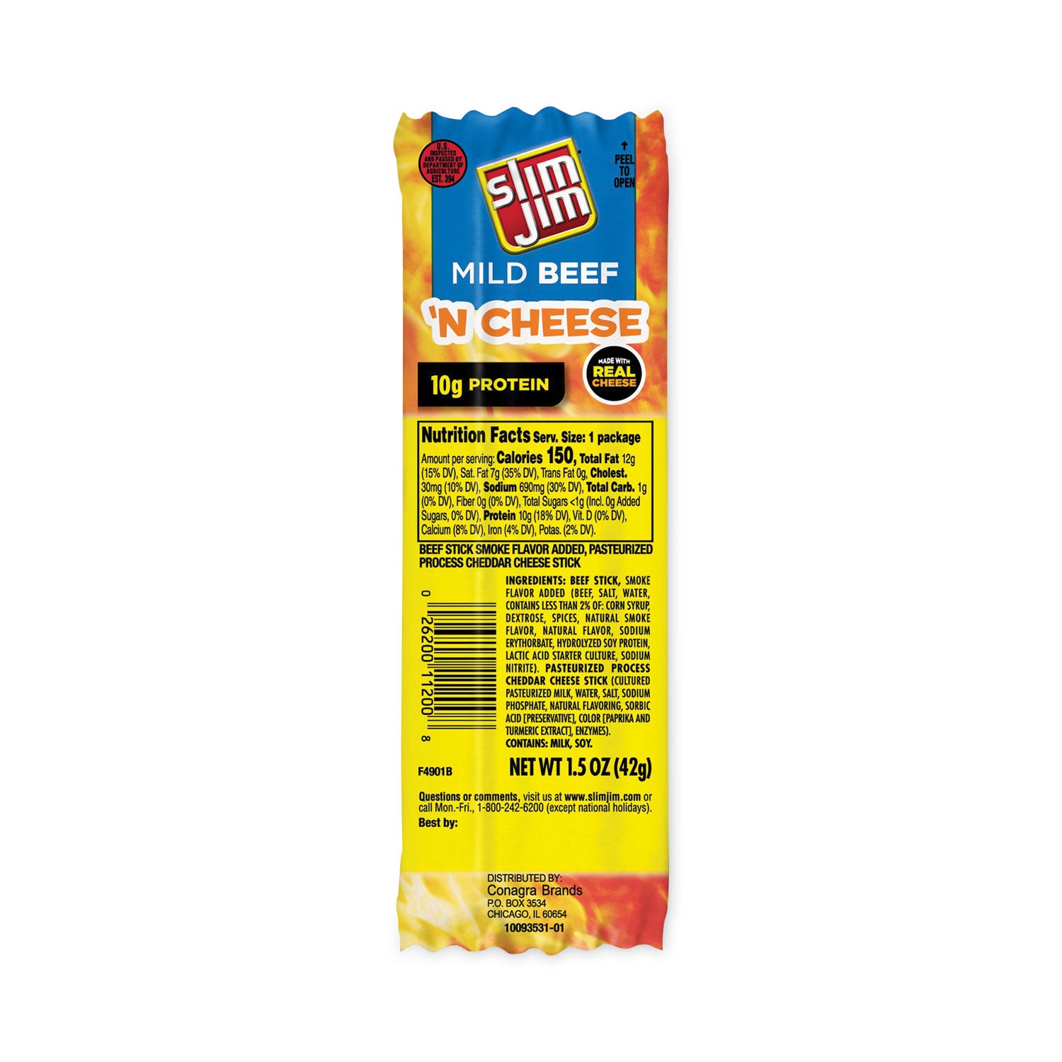 Beef and Cheese Meat Sticks, 1.5 oz, 18/Carton