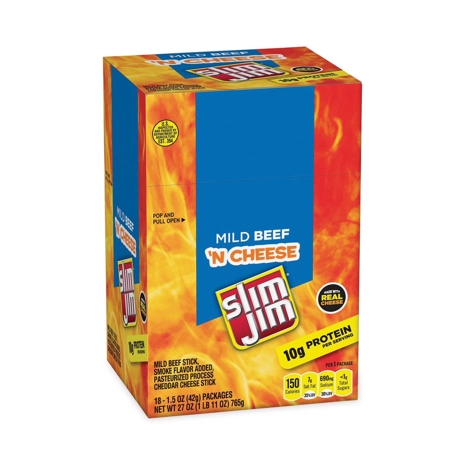 Slim Jim® Beef and Cheese Meat Sticks, 1.5 oz, 18/Carton