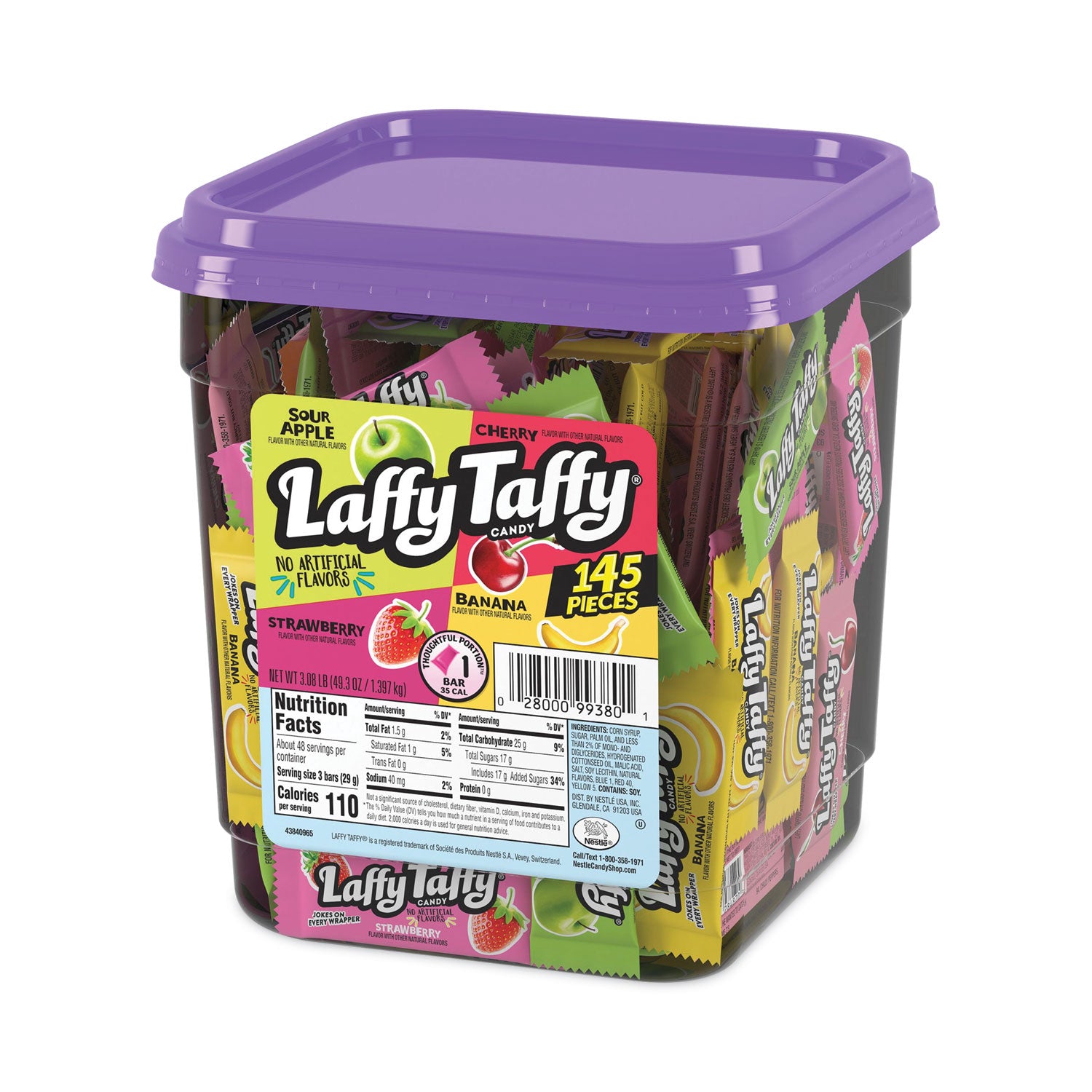 Laffy Taffy, Assorted Flavors, 3.08 lb Tub, 145 Wrapped Pieces/Tub