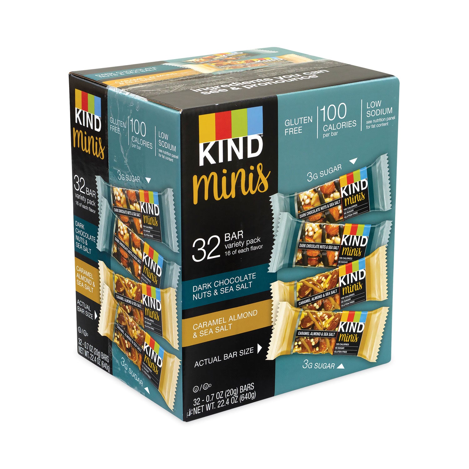 KIND Minis, Dark Chocolate Nuts Sea Salt/Caramel Almond Nuts Sea Salt, 0.7 oz Bar, 32 Bars/Carton