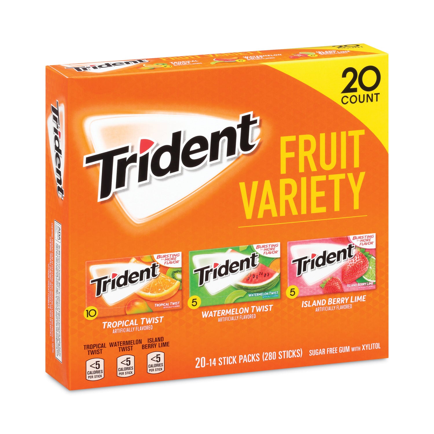 Trident® Sugar-Free Gum, Fruit Variety, 14 Pieces/Pack, 20 Packs/Carton