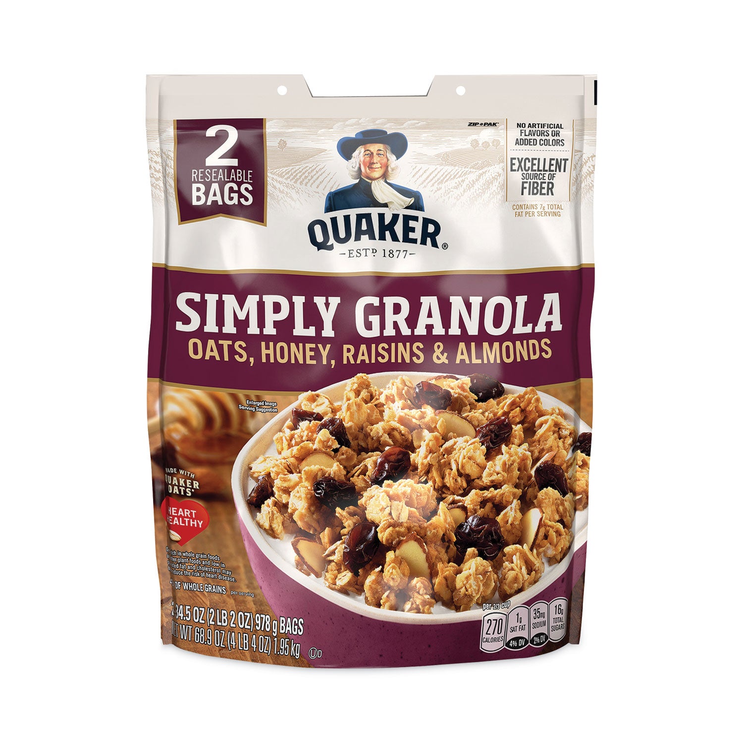 Quaker® Simply Granola, Oats, Honey, Raisins and Almonds, 34.5 oz Bag, 2 Bags/Pack