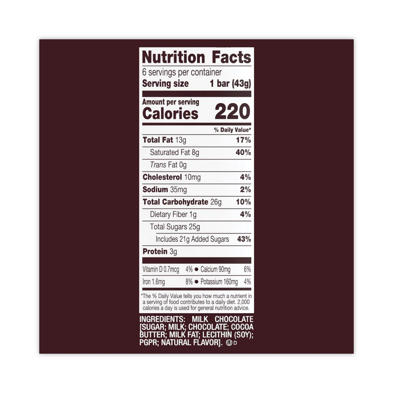 Hershey®'s Milk Chocolate Bar, 1.55 oz Bar, 6 Bars/Pack, 2 Packs/Box