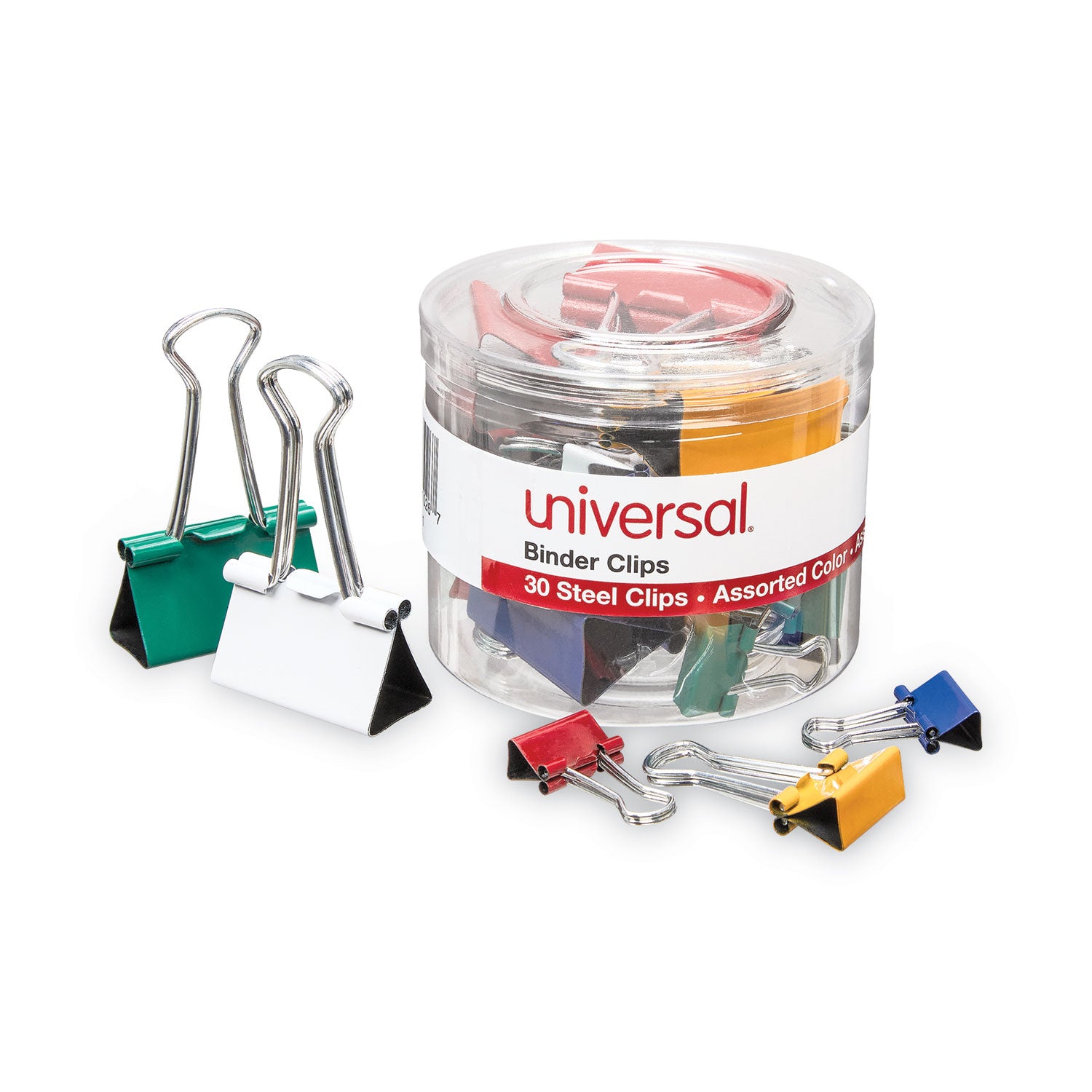 Universal® Binder Clips with Storage Tub, (12) Mini (0.5"), (12) Small (0.75"), (6) Medium (1.25"), Assorted Colors