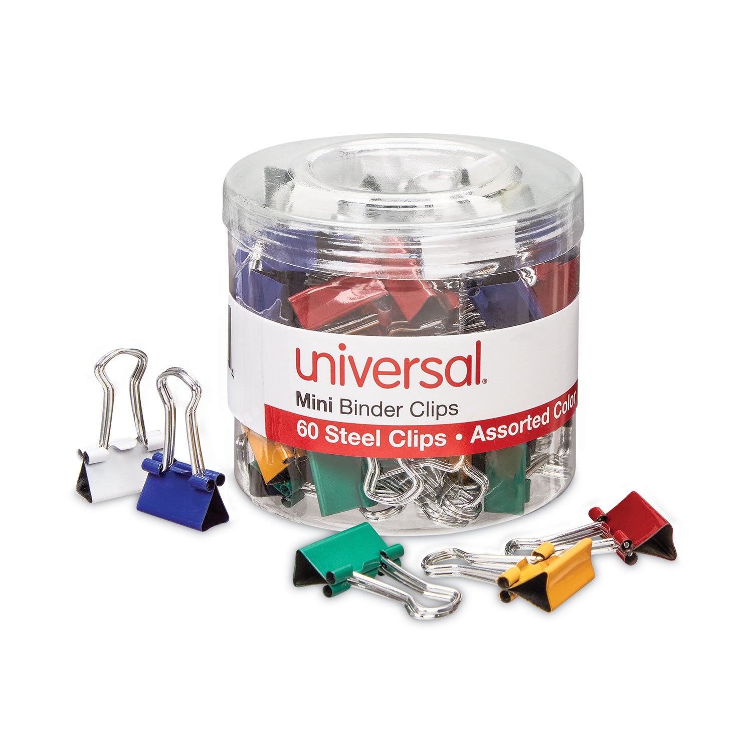 Universal® Binder Clips with Storage Tub, Mini, Assorted Colors, 60/Pack