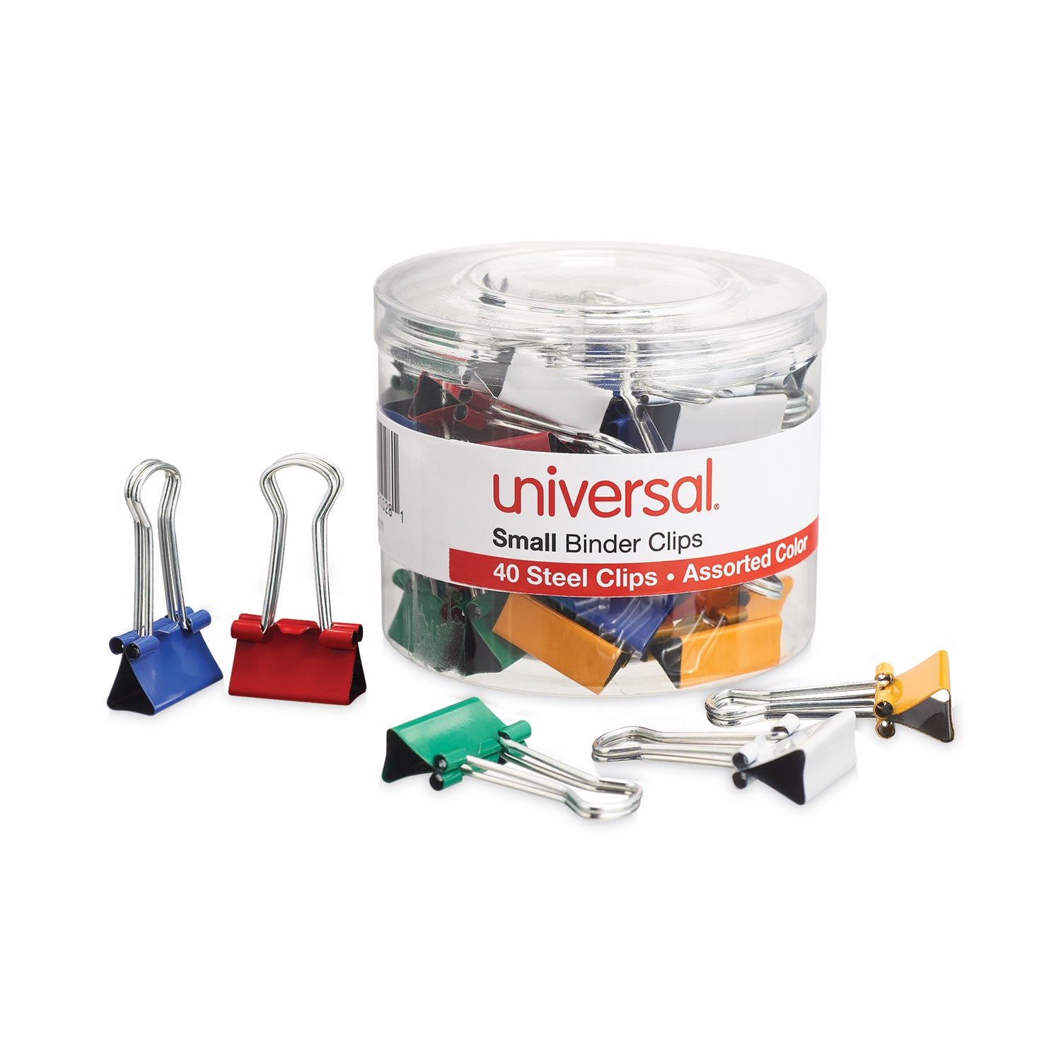 Universal® Binder Clips with Storage Tub, Small, Assorted Colors, 40/Pack