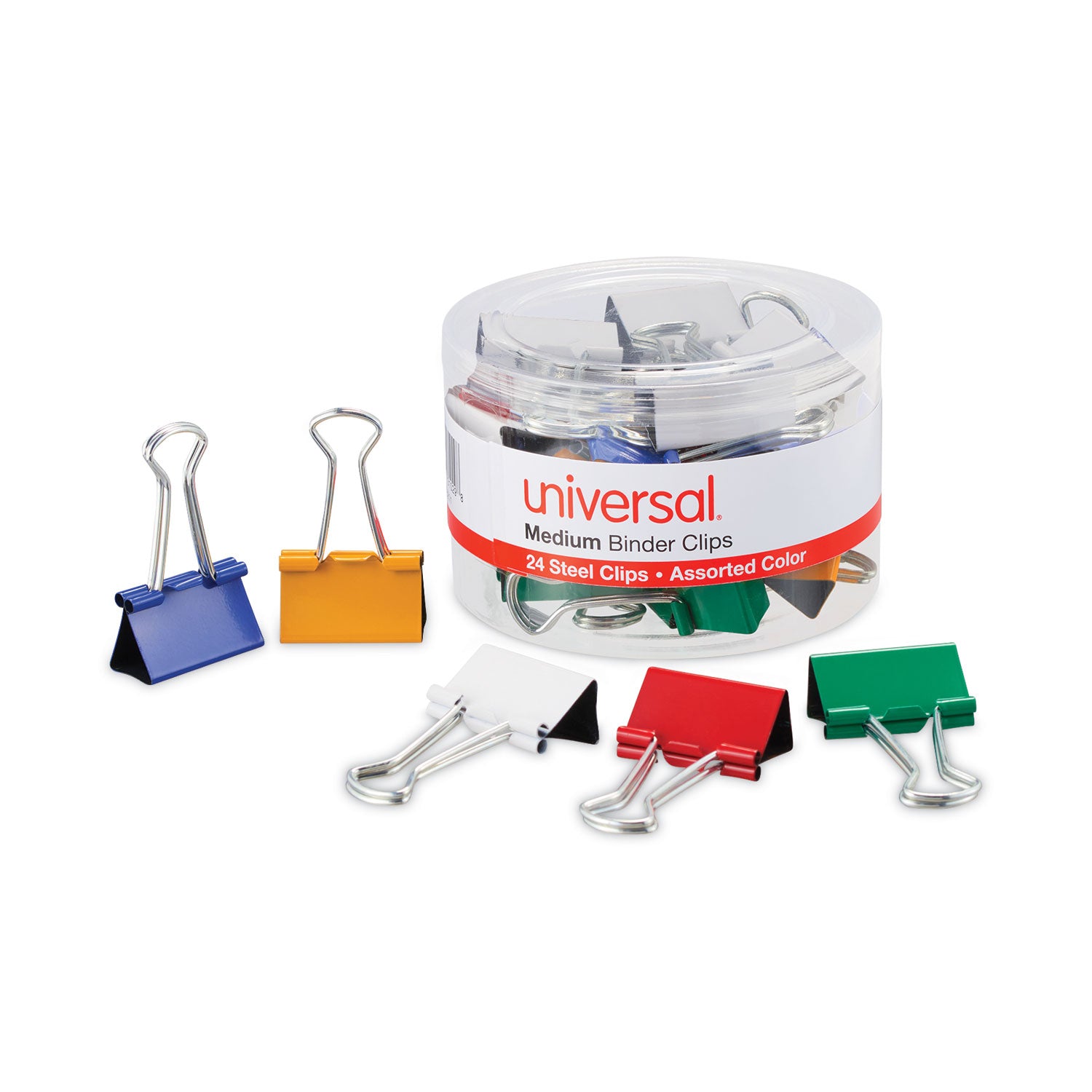 Universal® Binder Clips with Storage Tub, Medium, Assorted Colors, 24/Pack