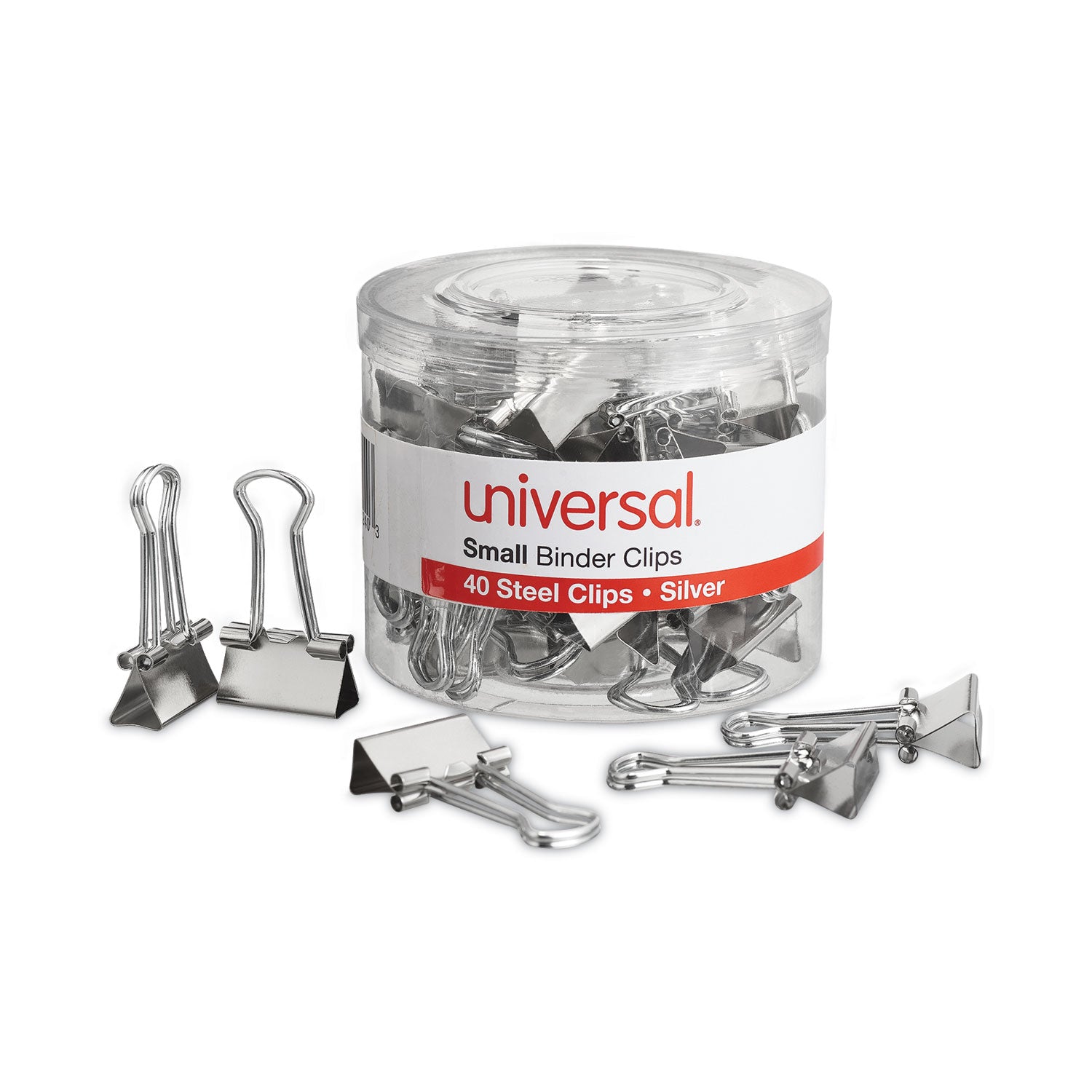 Universal® Binder Clips with Storage Tub, Small, Silver, 40/Pack