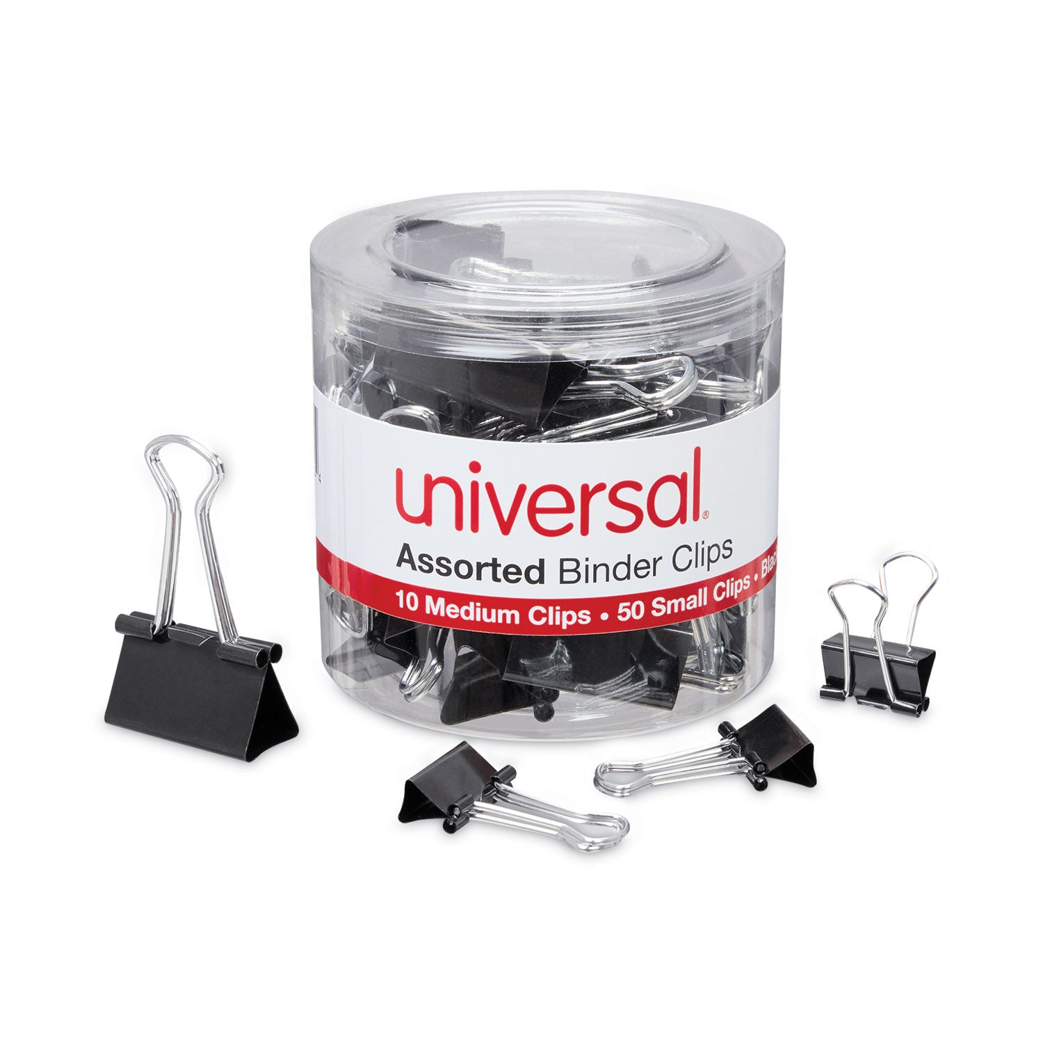 Universal® Binder Clips with Storage Tub, (50) Small (0.75"), (10) Medium (1.25"), Black/Silver