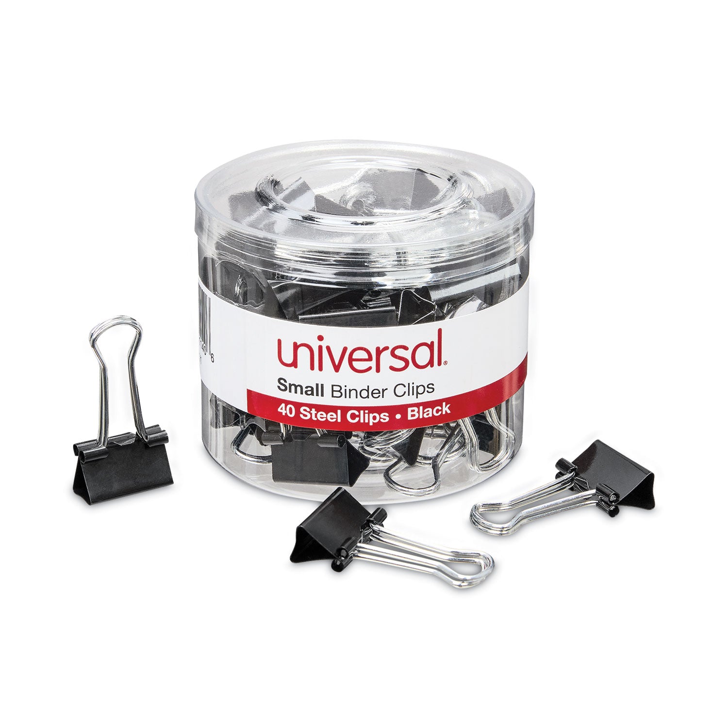 Universal® Binder Clips with Storage Tub, Small, Black/Silver, 40/Pack