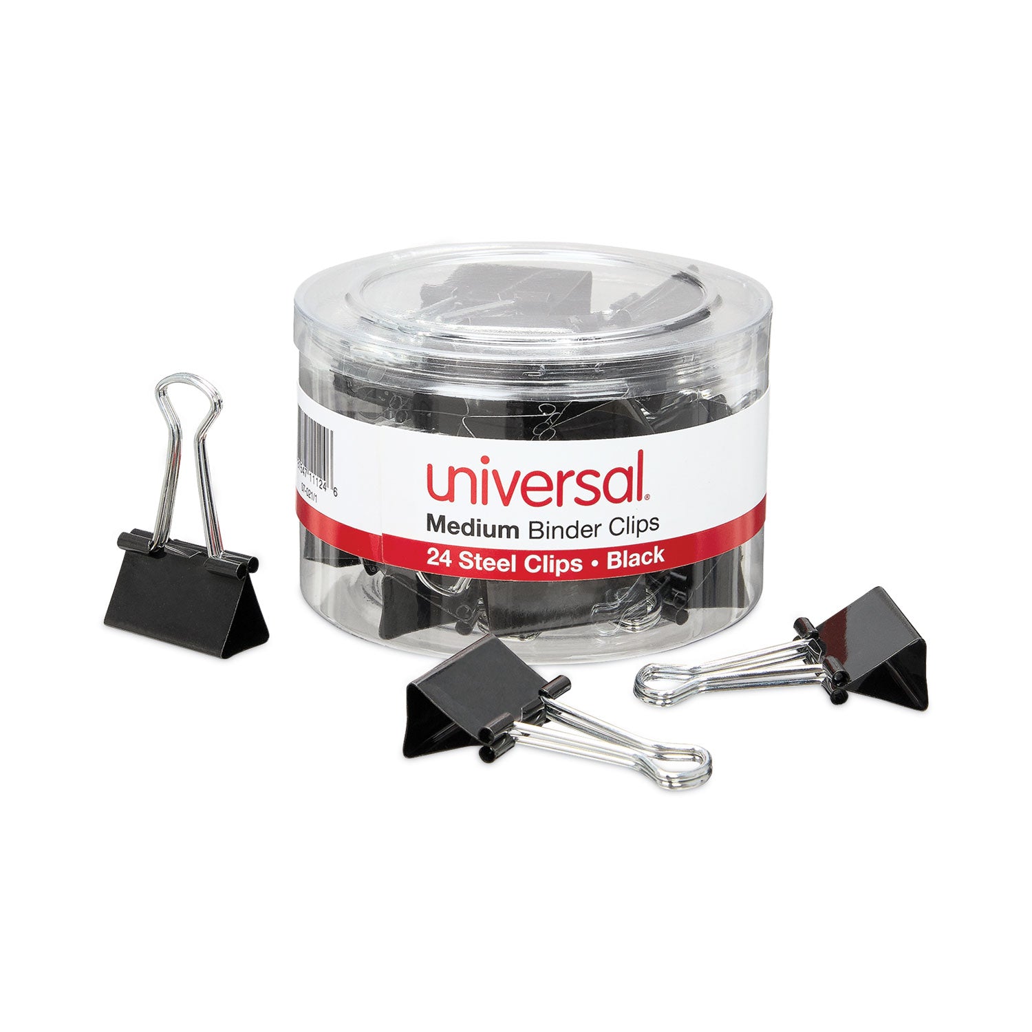 Universal® Binder Clips with Storage Tub, Medium, Black/Silver, 24/Pack