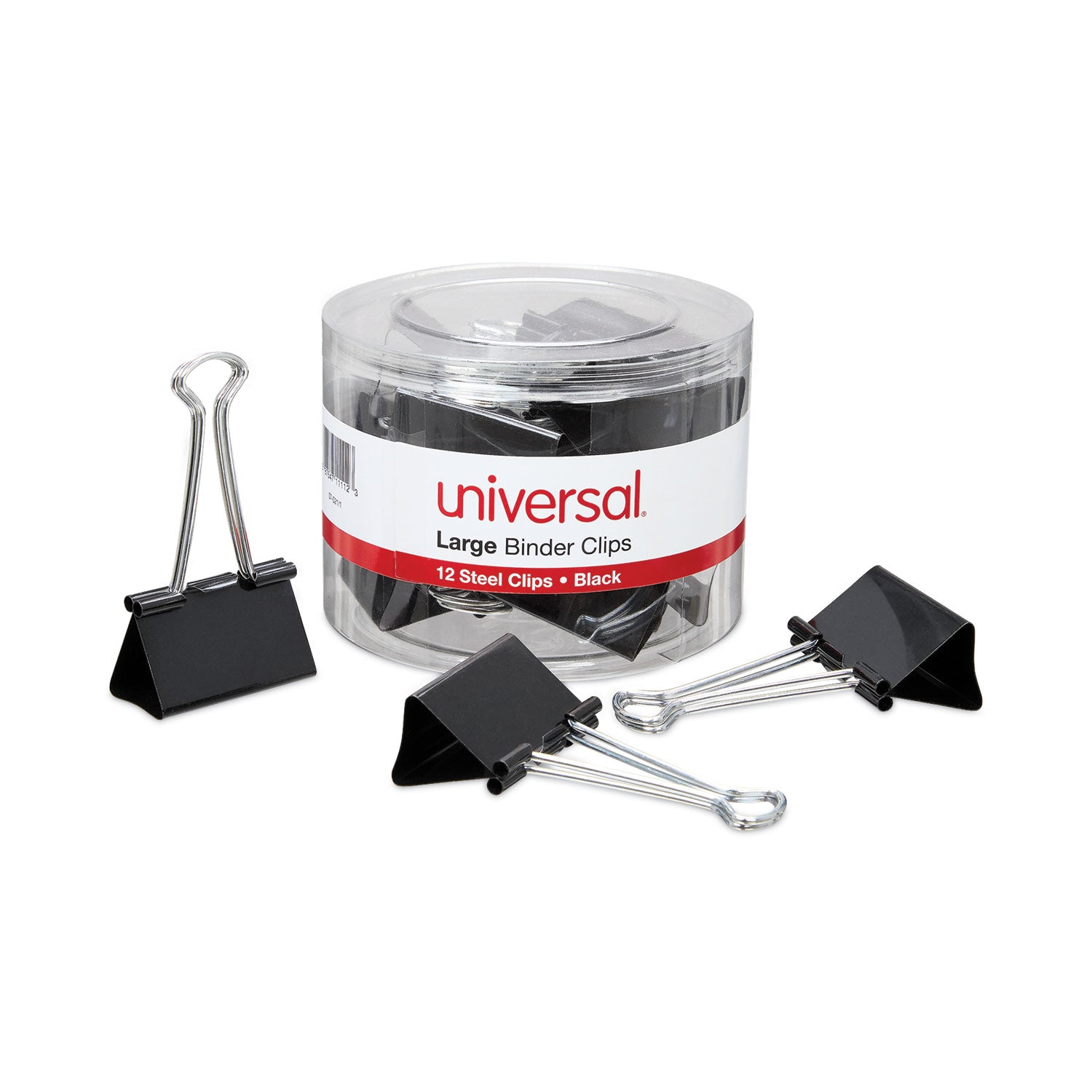 Universal® Binder Clips with Storage Tub, Large, Black/Silver, 12/Pack