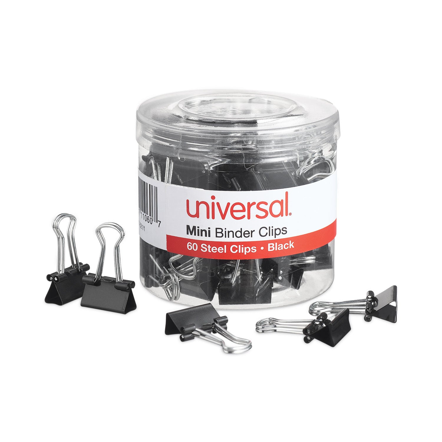 Universal® Binder Clips with Storage Tub, Mini, Black/Silver, 60/Pack