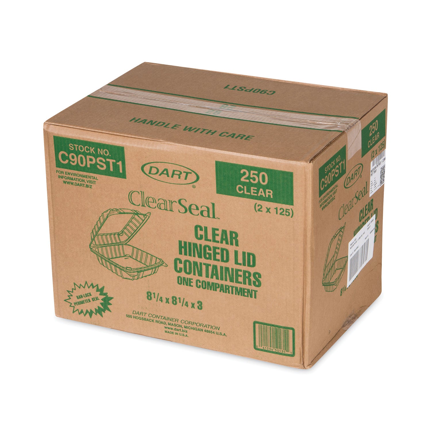 Dart® ClearSeal Hinged-Lid Plastic Containers, 8.3 x 8.3 x 3, Clear, Plastic, 250/Carton