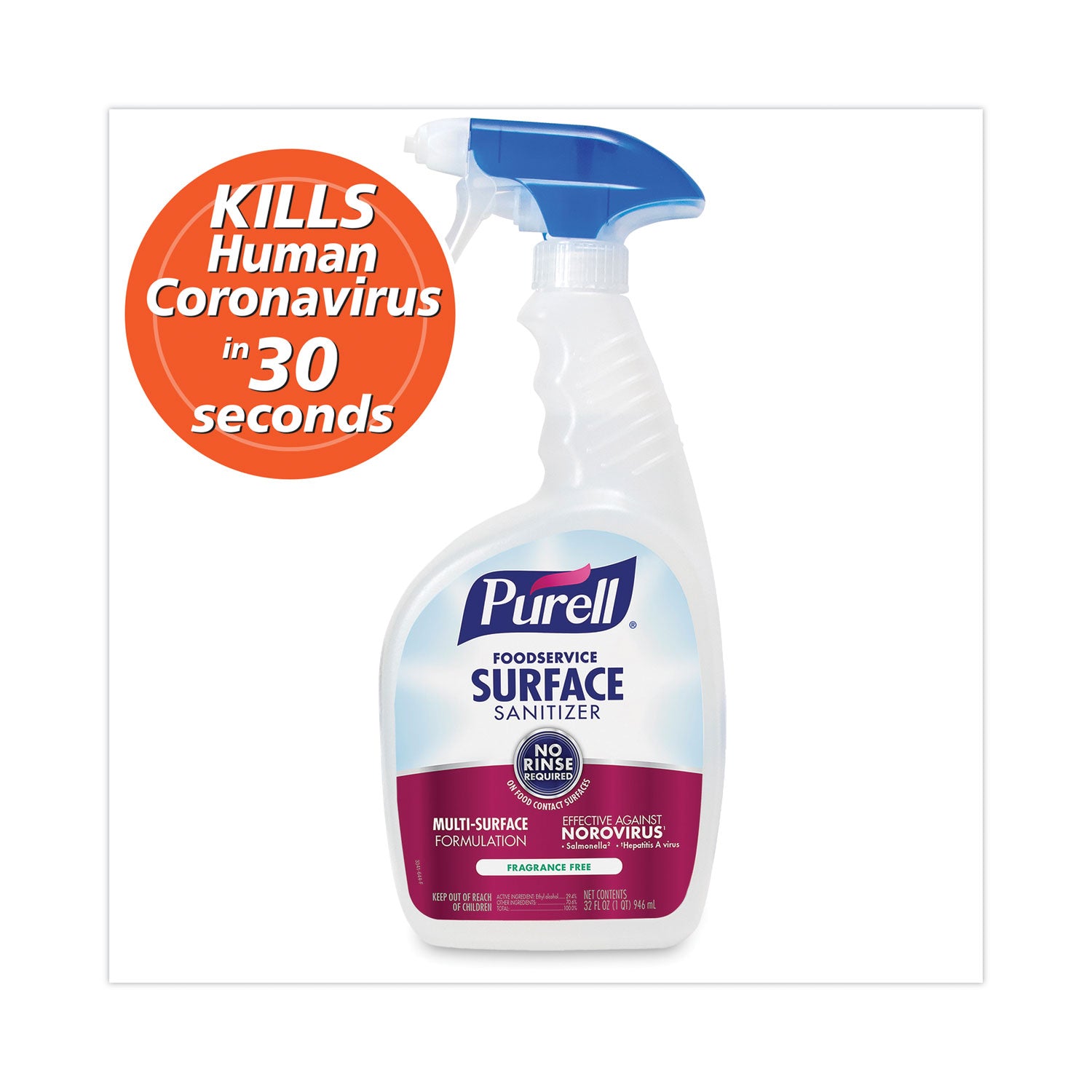 PURELL® Foodservice Surface Sanitizer, Fragrance Free, 32 oz Capped Bottle with Spray Trigger Included in Carton, 6/Carton