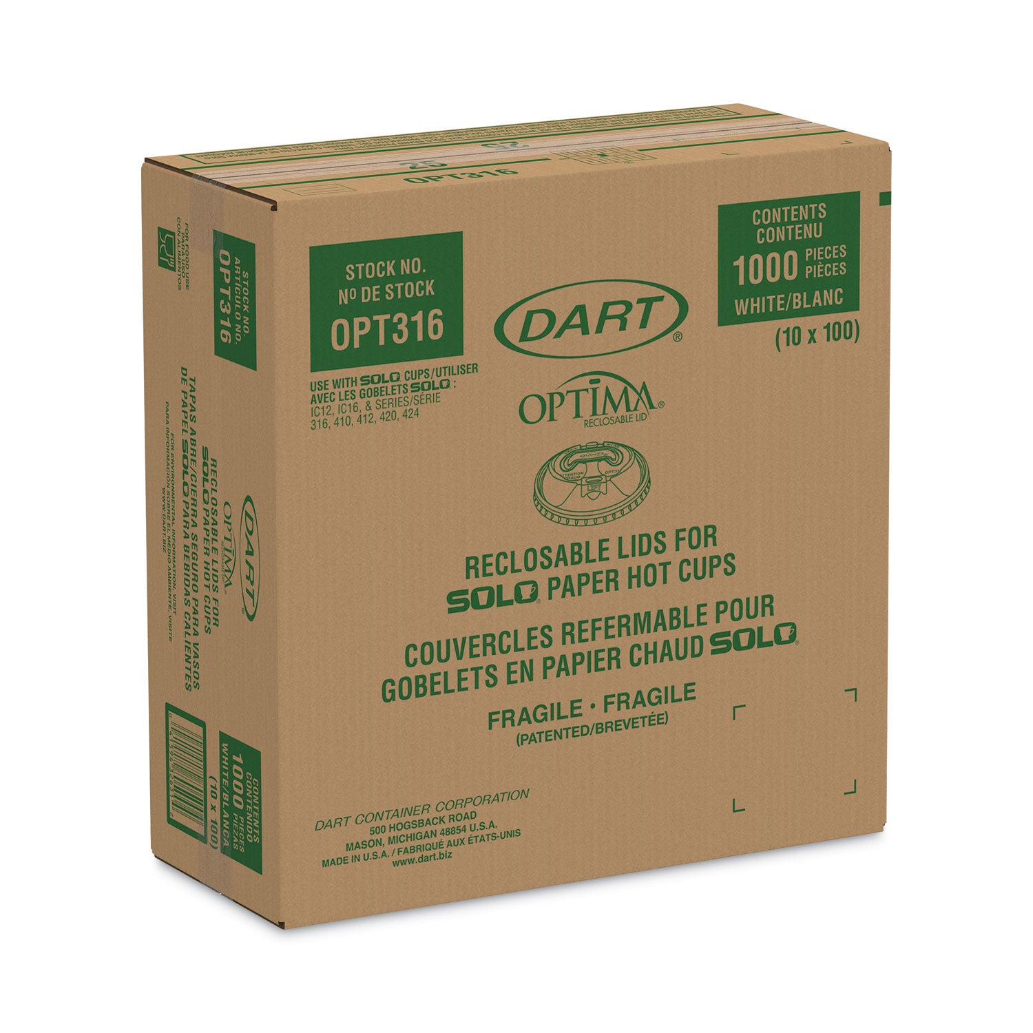 Dart® Optima Reclosable Lids for Hot Paper Cups, Fits 10 oz to 24 oz Cups, White, 1,000/Carton