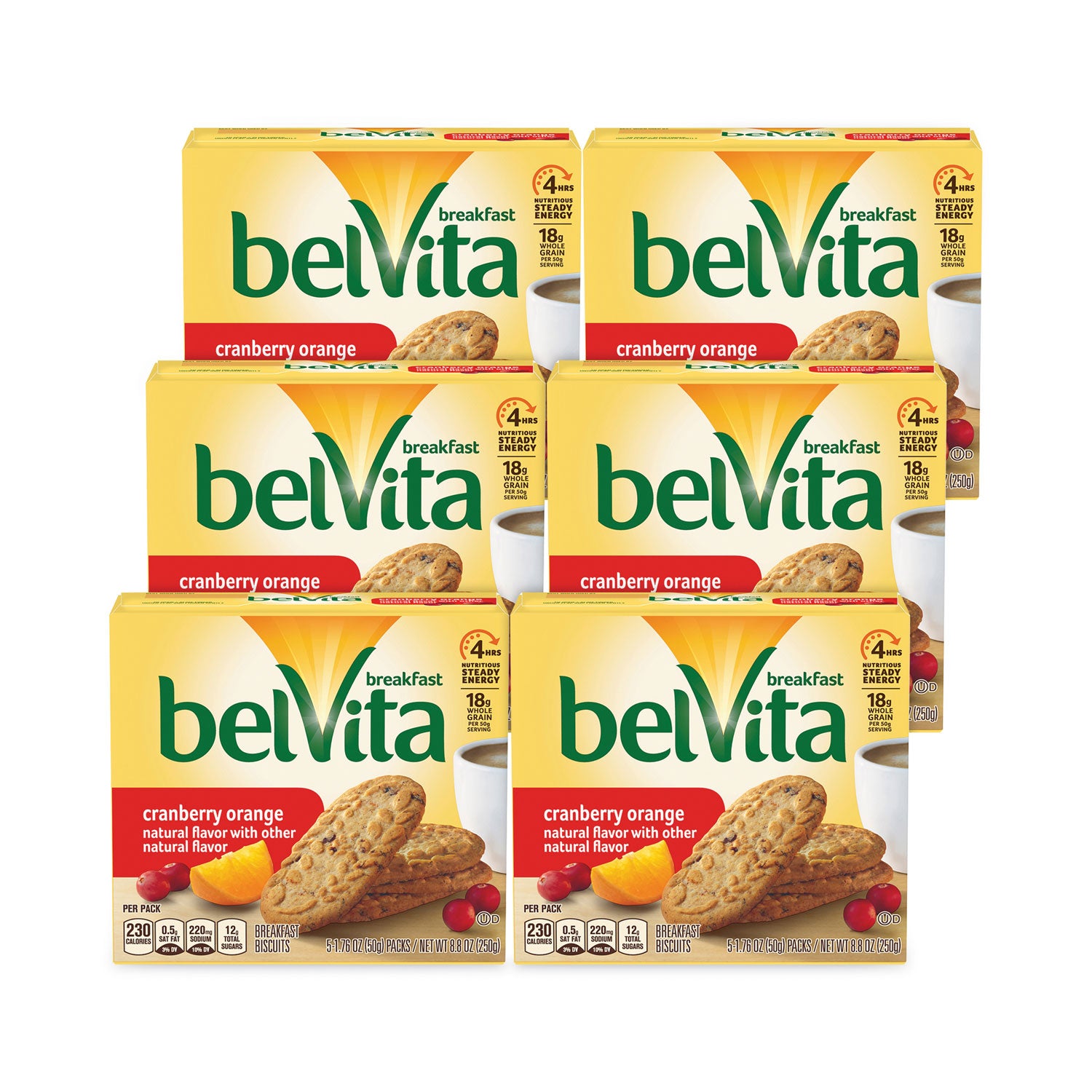 BelVita Cranberry Orange Crunchy Breakfast Biscuits, 1.76 oz Packet of 6, 5 Packs/Box, 6 Boxes/Carton