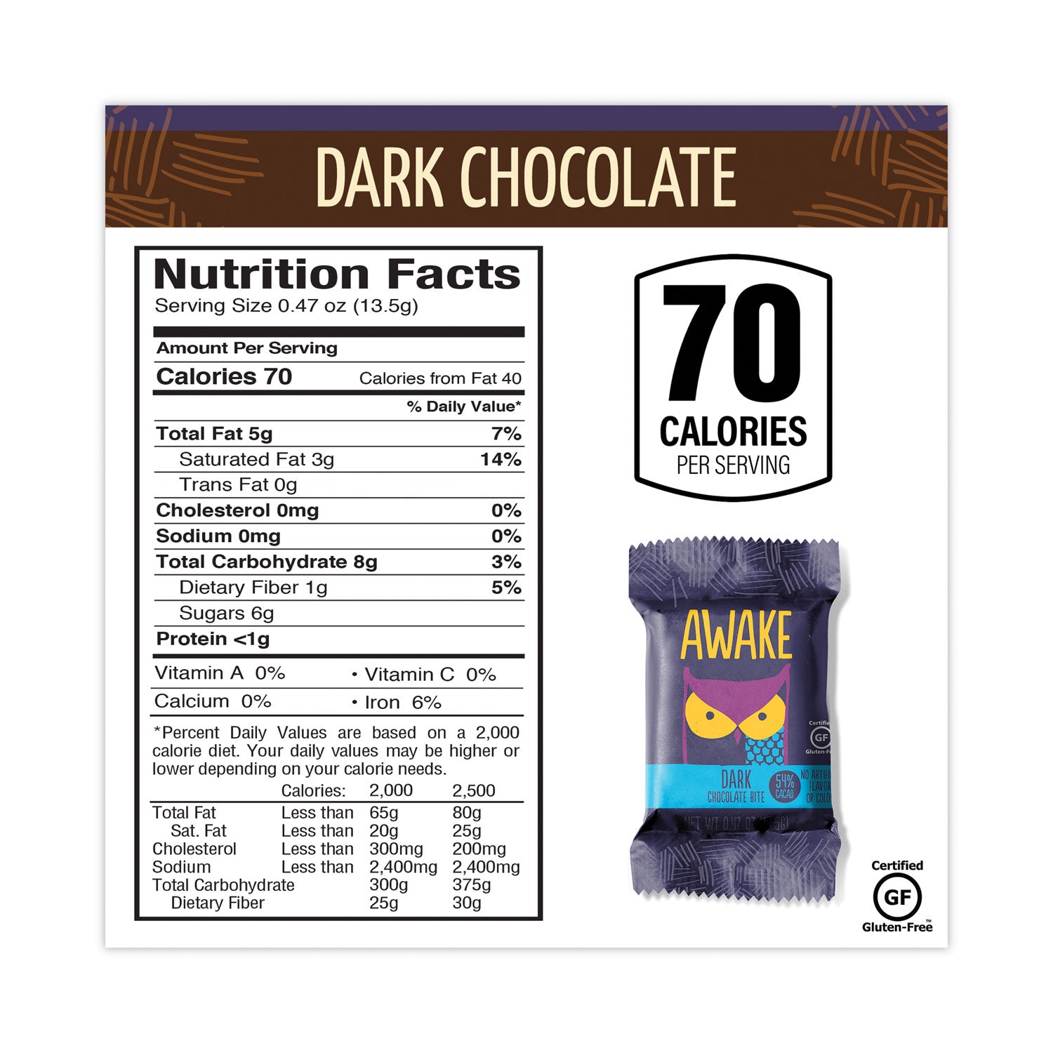 Caffeinated Dark Chocolate Bites, 0.47 oz Bars, 50 Bars/Carton Awake Flipcost