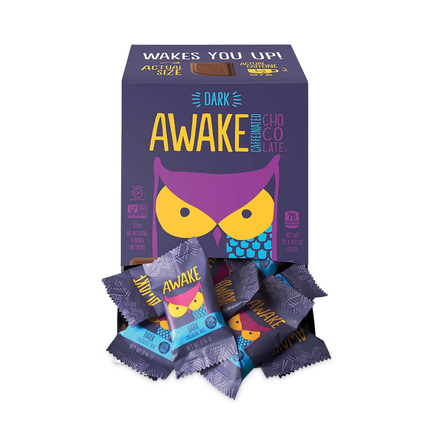 Caffeinated Dark Chocolate Bites, 0.47 oz Bars, 50 Bars/Carton Awake Flipcost