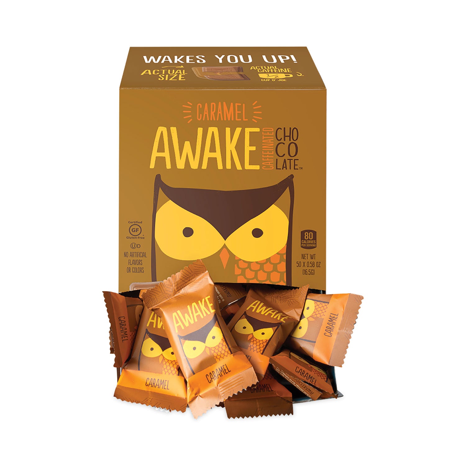 Awake Caffeinated Caramel Chocolate Bites, 0.58 oz Bars, 50 Bars/Carton