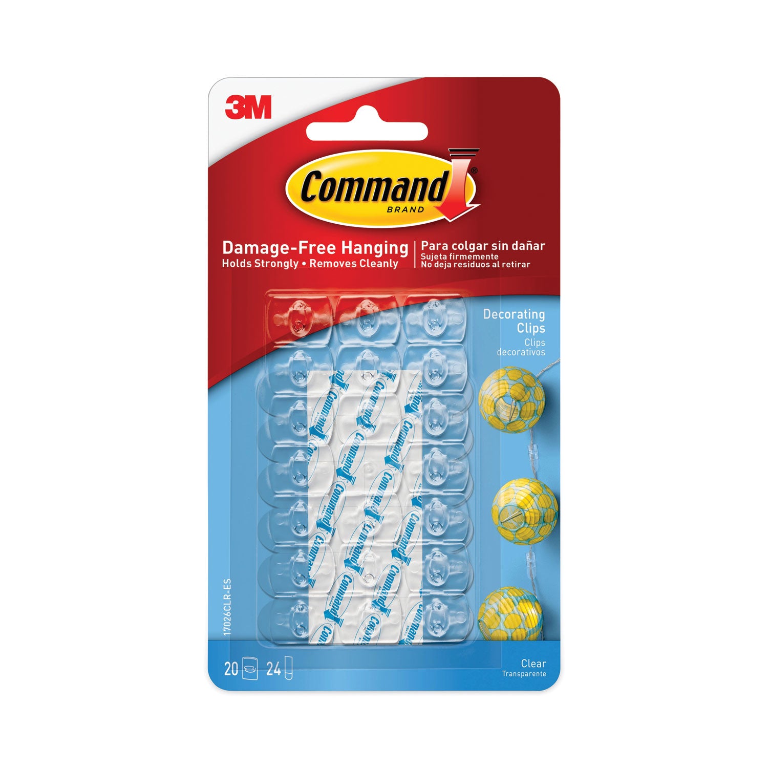 Clear Hooks and Strips, Decorating Clips, Plastic, 0.1 lb Capacity, 20 Clips and 24 Strips/Pack