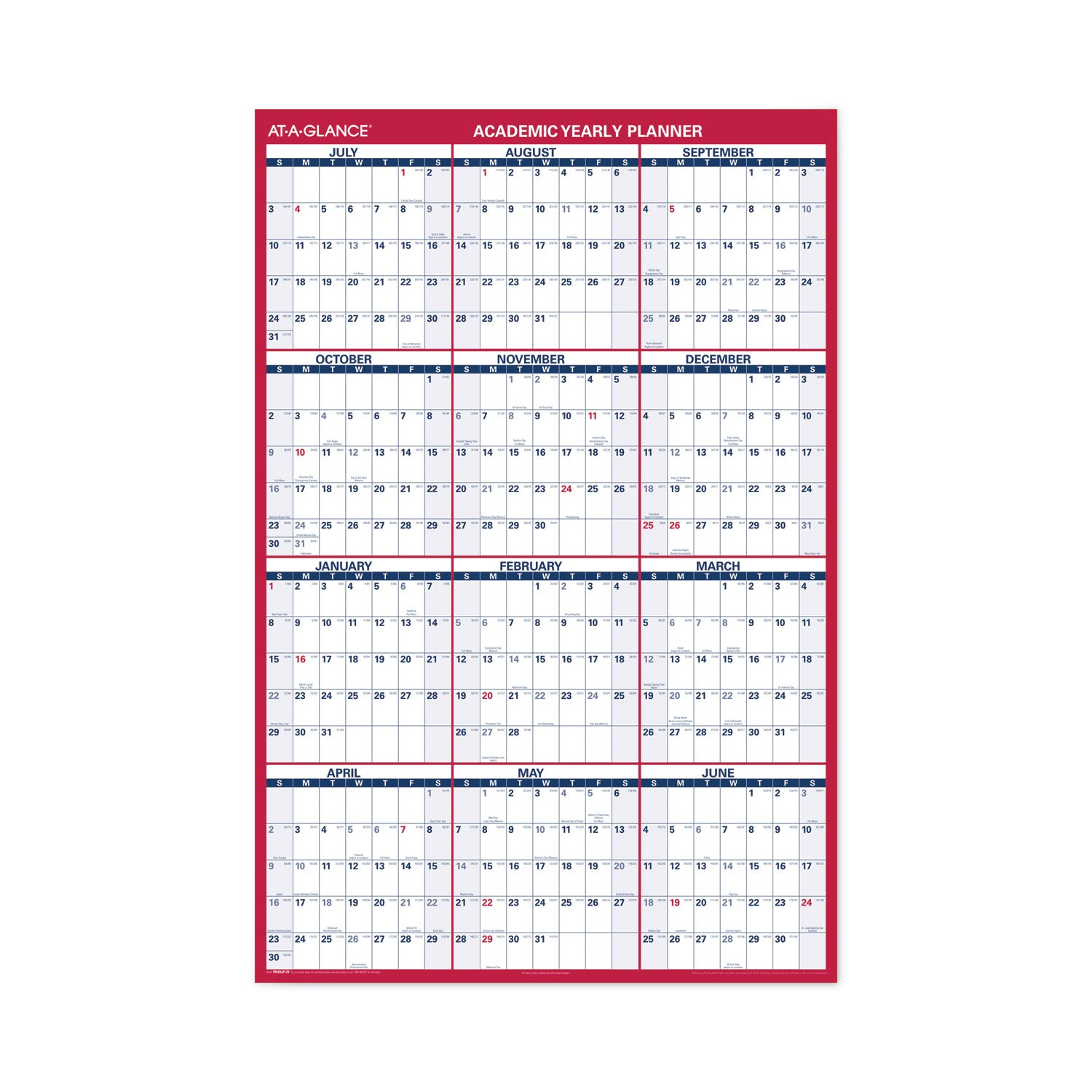 Academic Erasable Reversible Extra Large Wall Calendar, 48 x 32, White/Blue/Red, 12 Month (July to June): 2024 to 2025