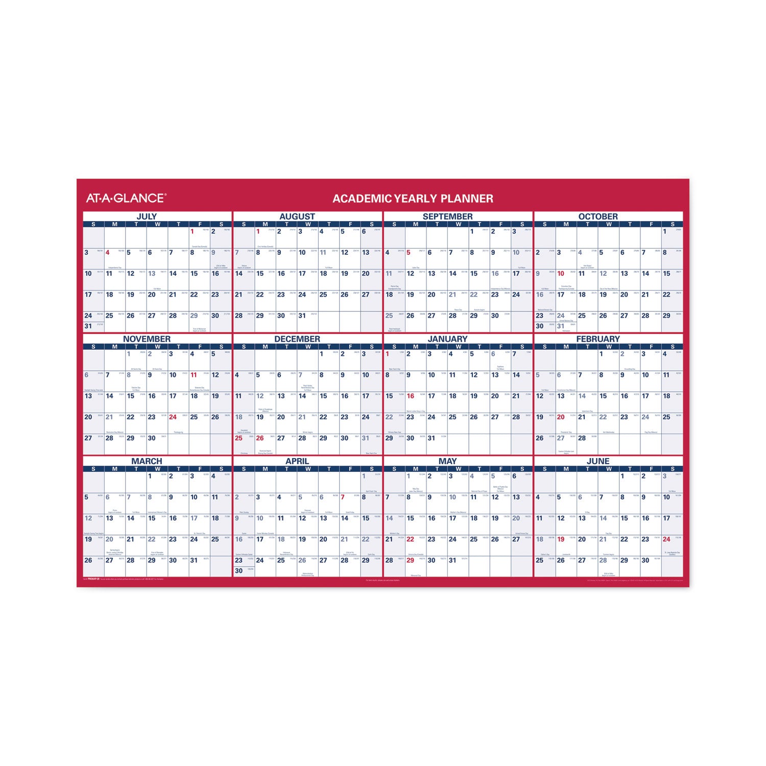 AT-A-GLANCE® Academic Erasable Reversible Extra Large Wall Calendar, 48 x 32, White/Blue/Red, 12 Month (July to June): 2024 to 2025