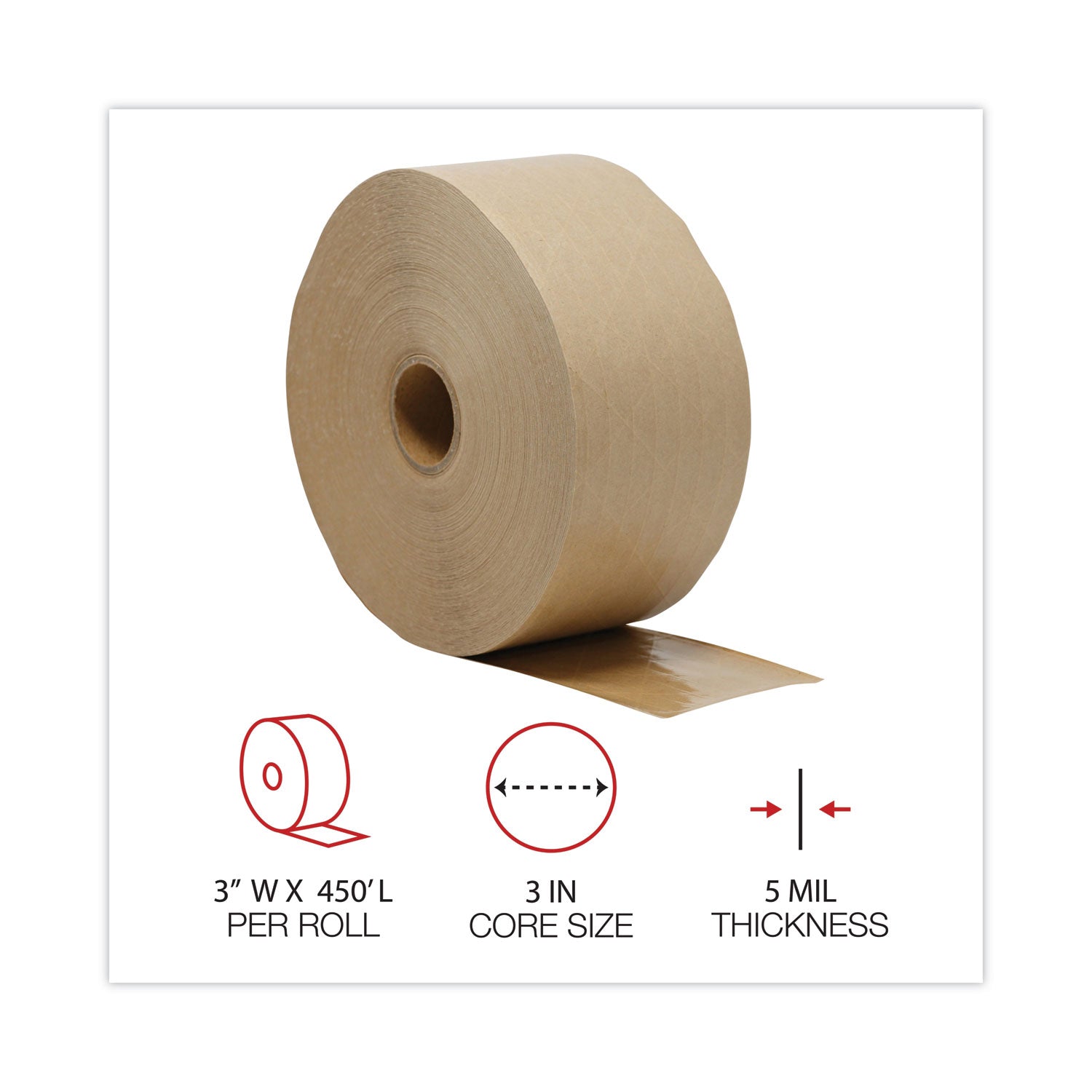 General Supply Glass-Fiber Reinforced Gummed Kraft Sealing Tape, 3" Core, 3" x 450 ft, Brown, 10/Carton