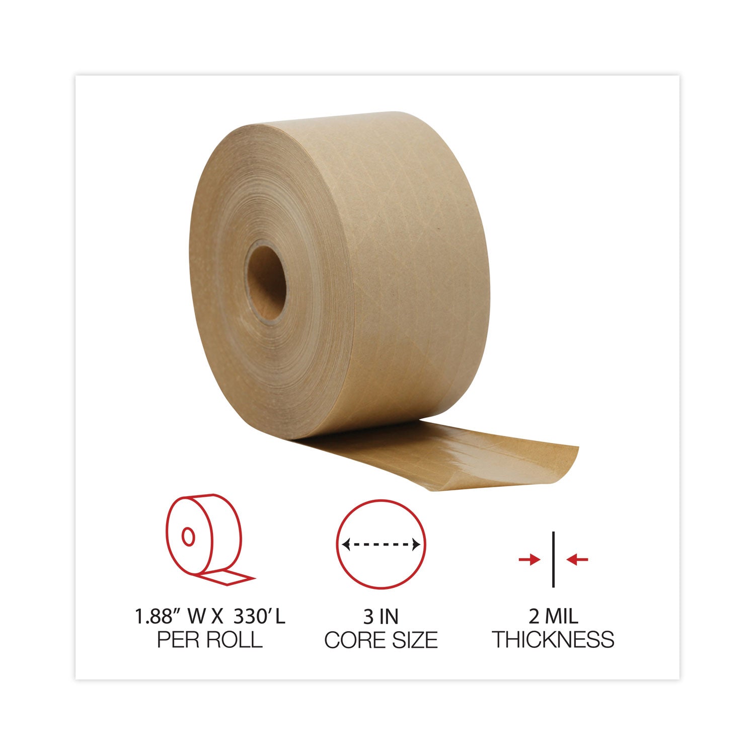 General Supply Glass-Fiber Reinforced Gummed Kraft Sealing Tape, 3" Core, 3" x 375 ft, Brown, 8/Carton