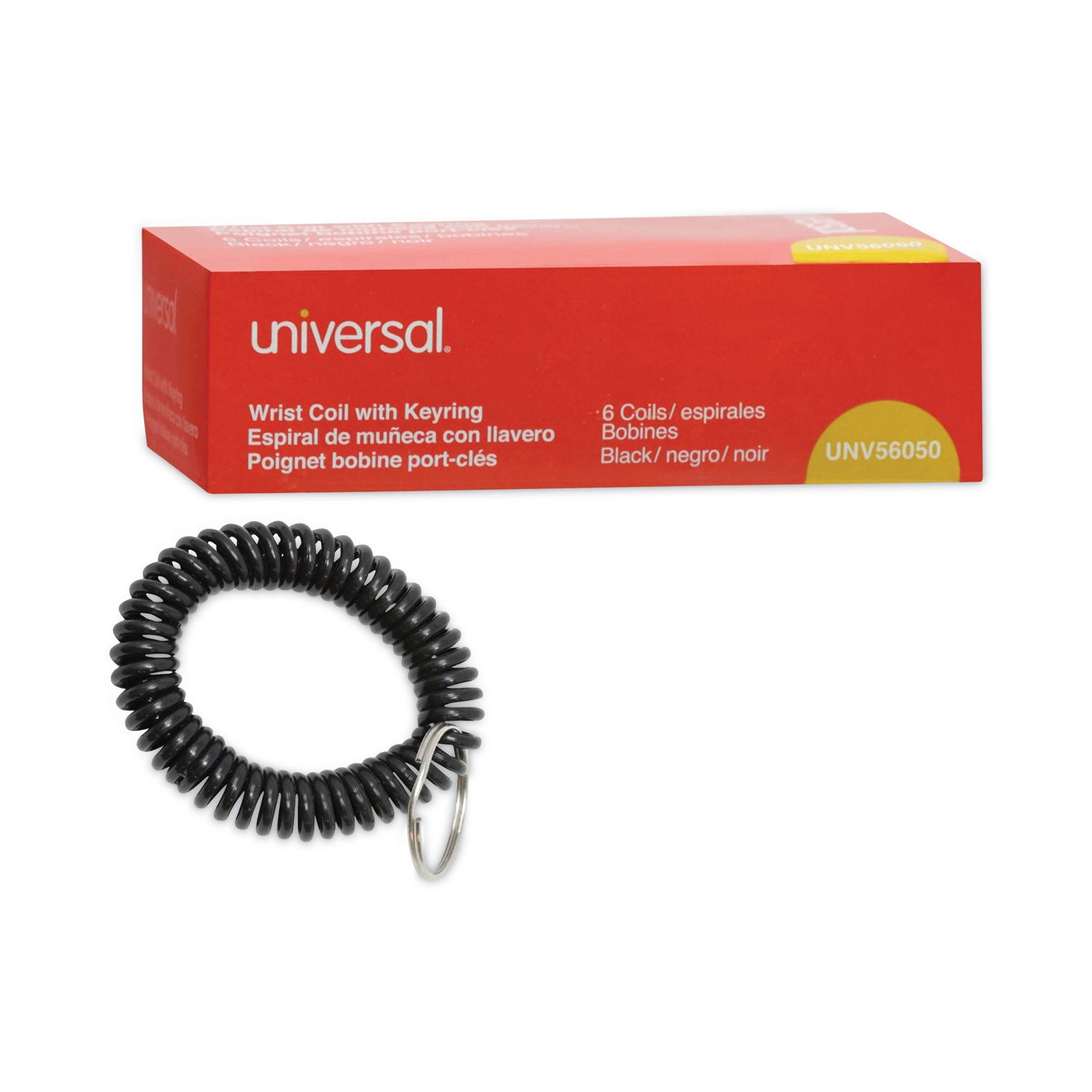 Universal® Wrist Coil Plus Key Ring, Plastic, Black, 6/Pack