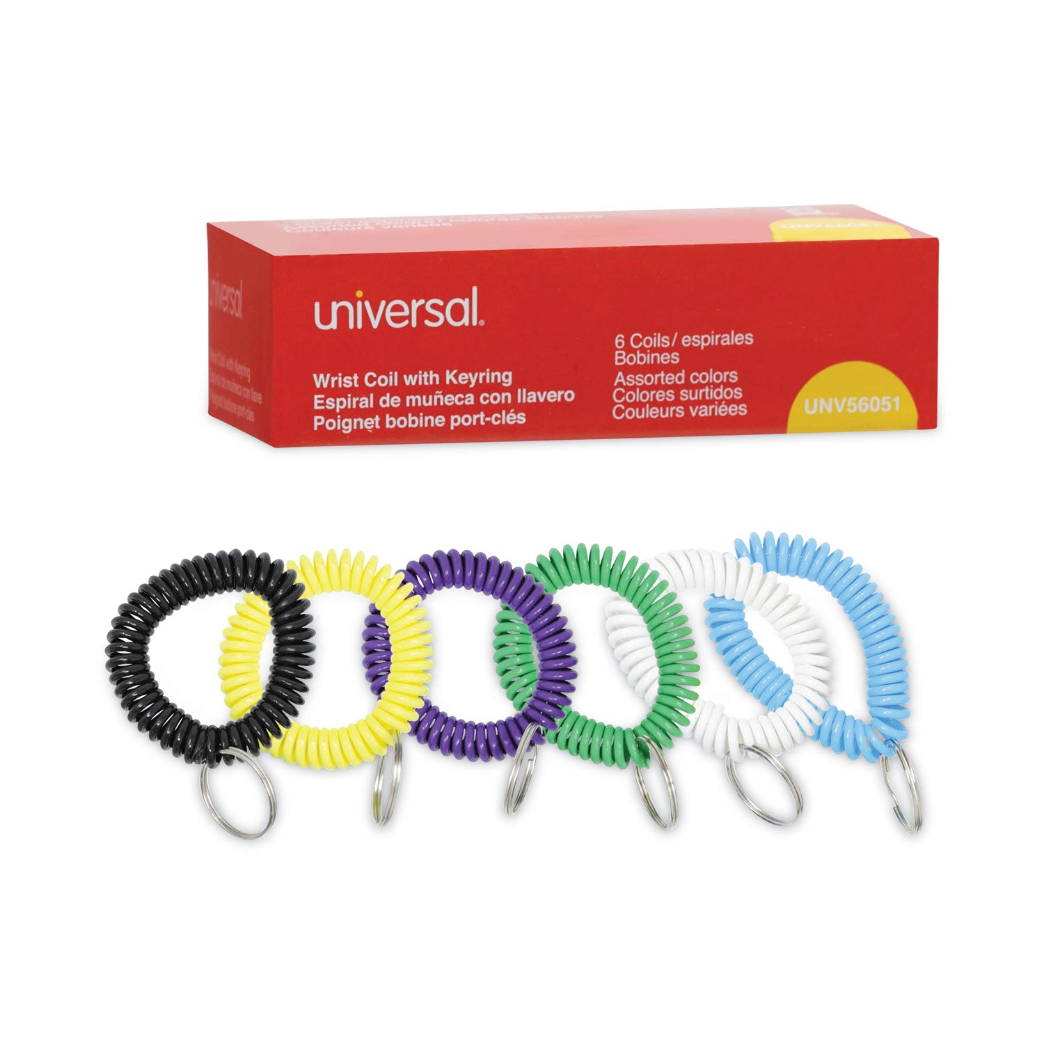 Universal® Wrist Coil Plus Key Ring, Plastic, Assorted Colors, 6/Pack