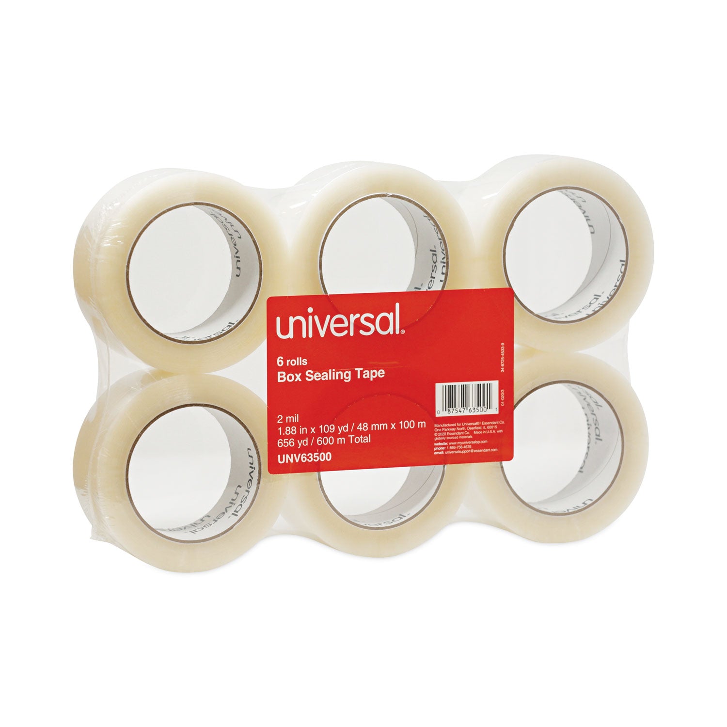 Universal® General-Purpose Box Sealing Tape, 3" Core, 1.88" x 110 yds, Clear, 6/Pack