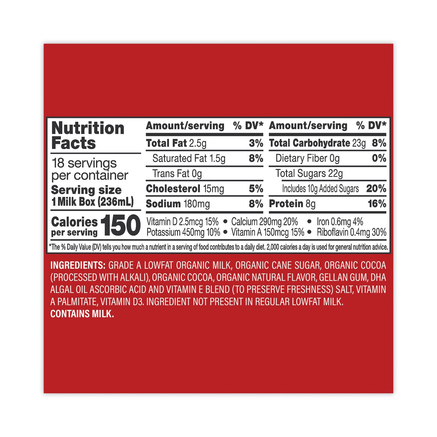 Horizon Organic Low Fat Milk, Chocolate, 8 oz, 18/Carton