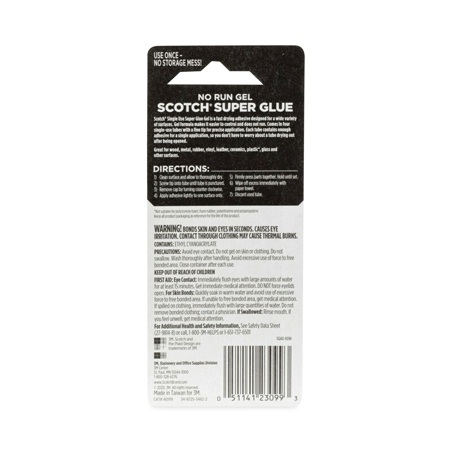 Scotch® Single Use Super Glue No-Run Gel, 0.02 Oz, Dries Clear, 4/pack