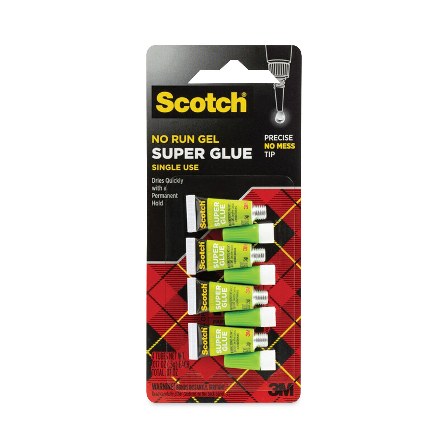 Scotch® Single Use Super Glue No-Run Gel, 0.02 Oz, Dries Clear, 4/pack