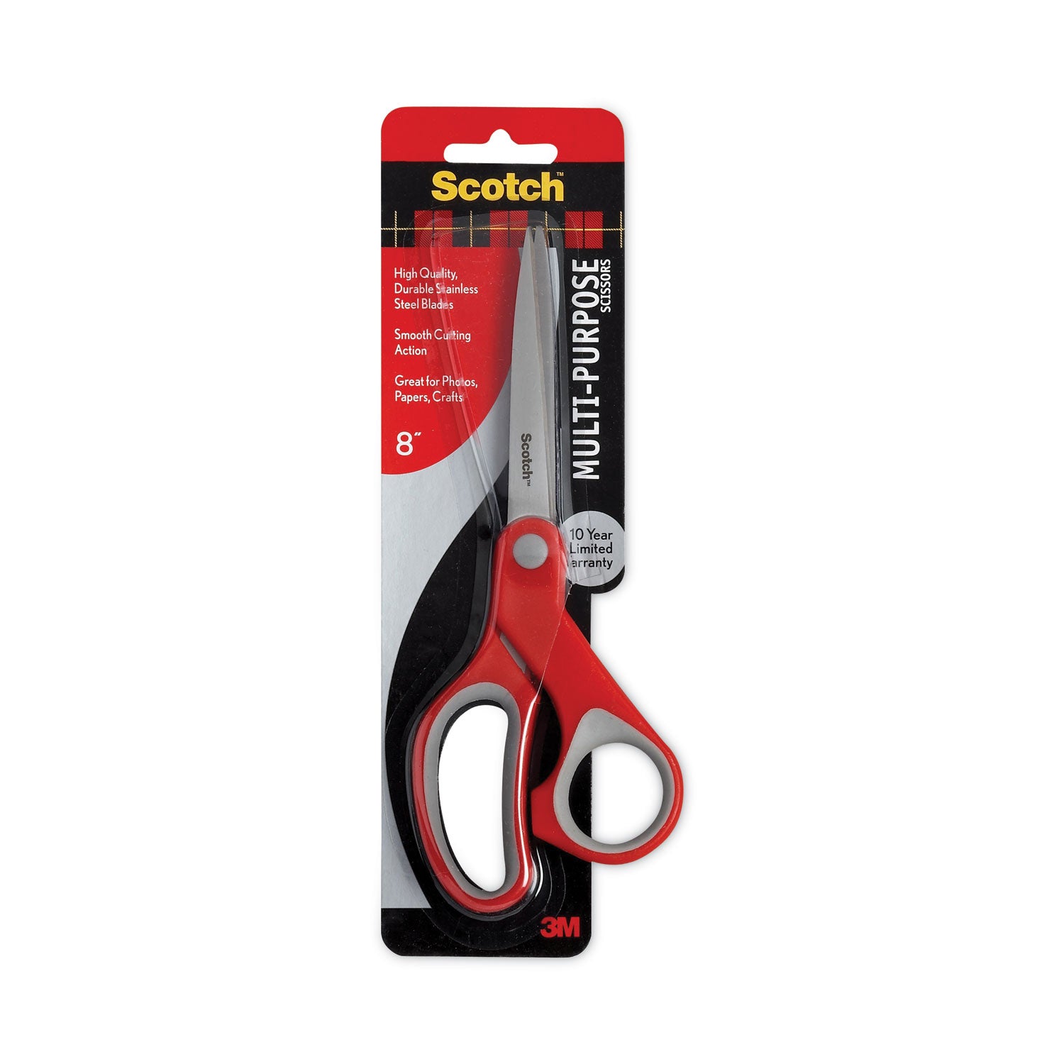 Scotch® Multi-Purpose Scissors, 8" Long, 3.38" Cut Length, Straight Gray/Red Handle