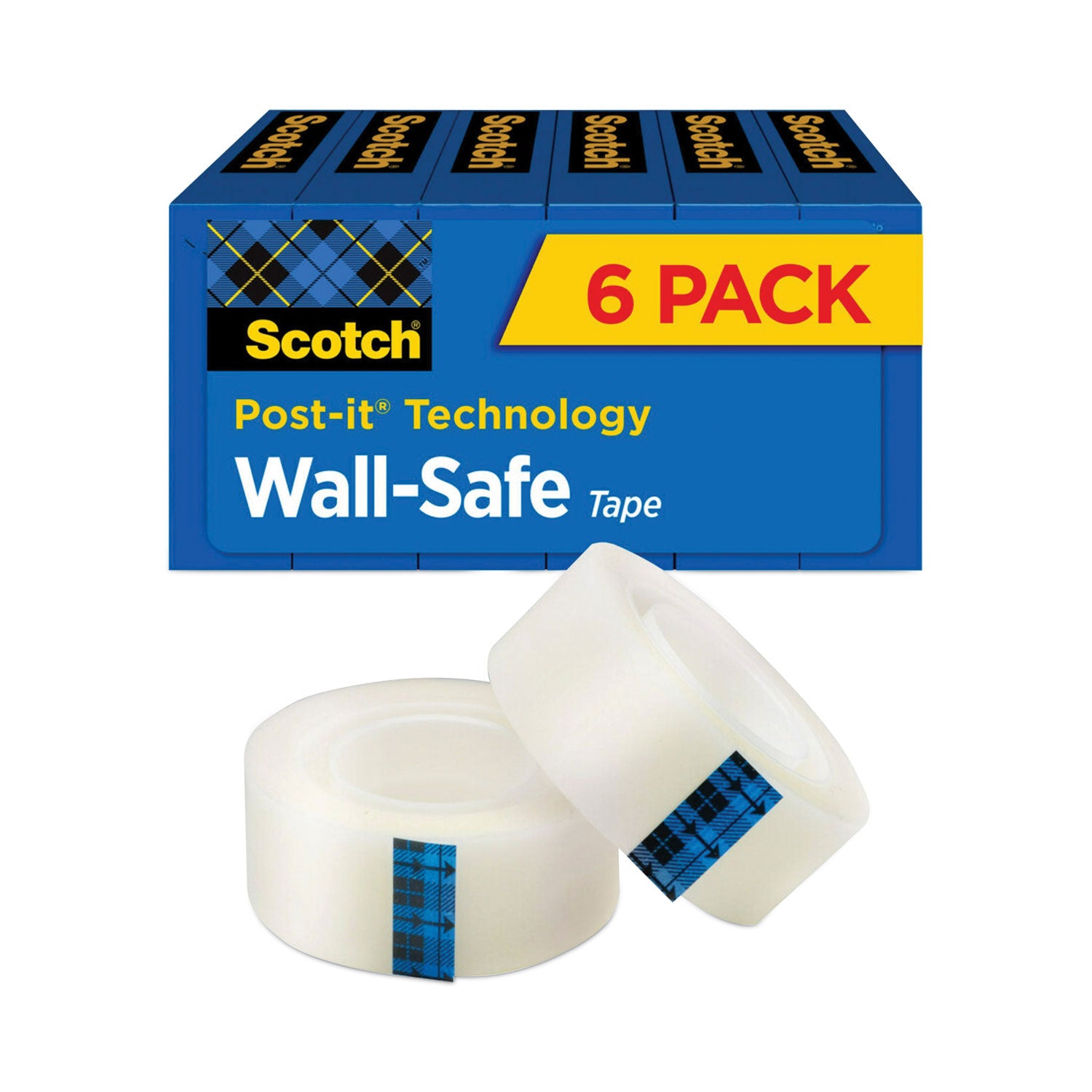 Wall-Safe Tape, 1" Core, 0.75" x 66.66 ft, Clear, 6/Pack