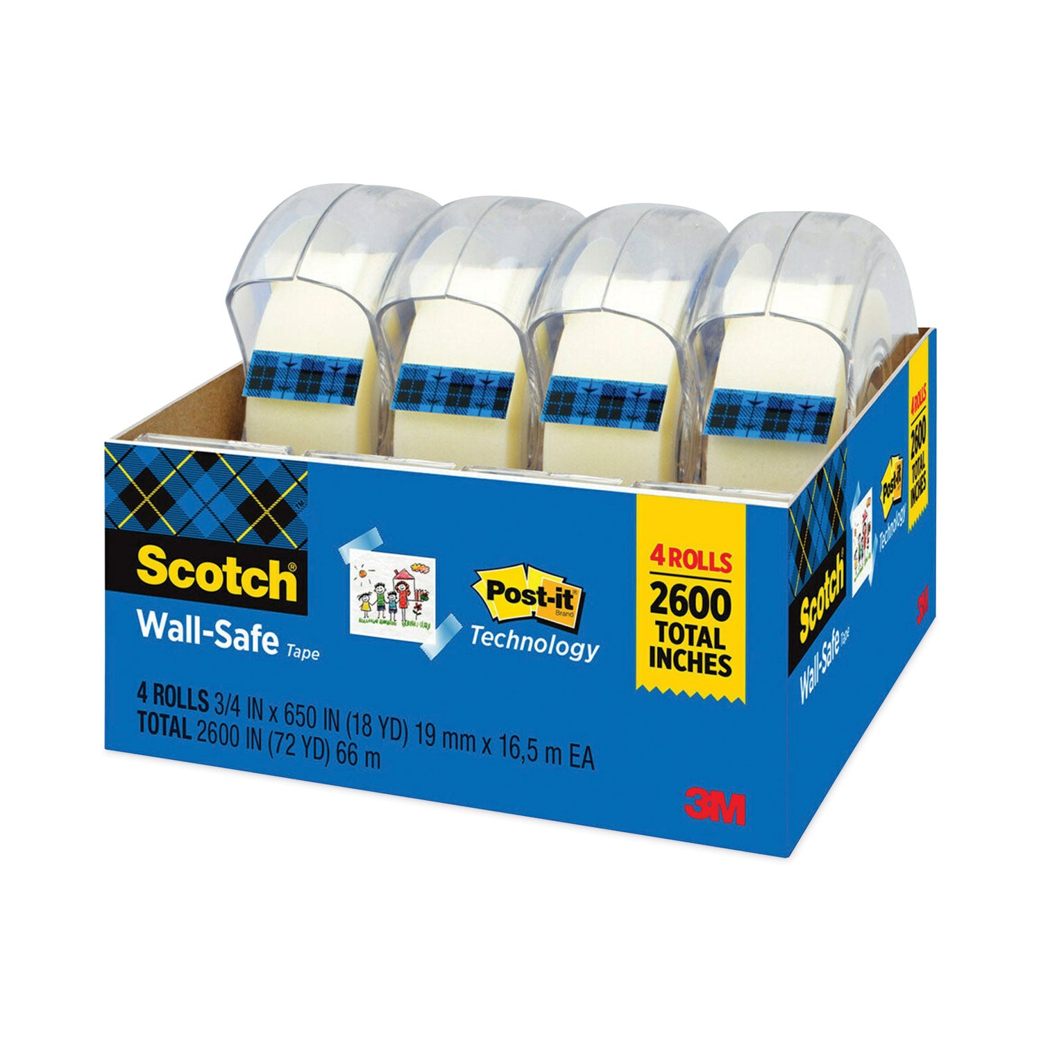 Scotch® Wall-Safe Tape with Dispenser, 1" Core, 0.75" x 54.17 ft, Clear, 4/Pack