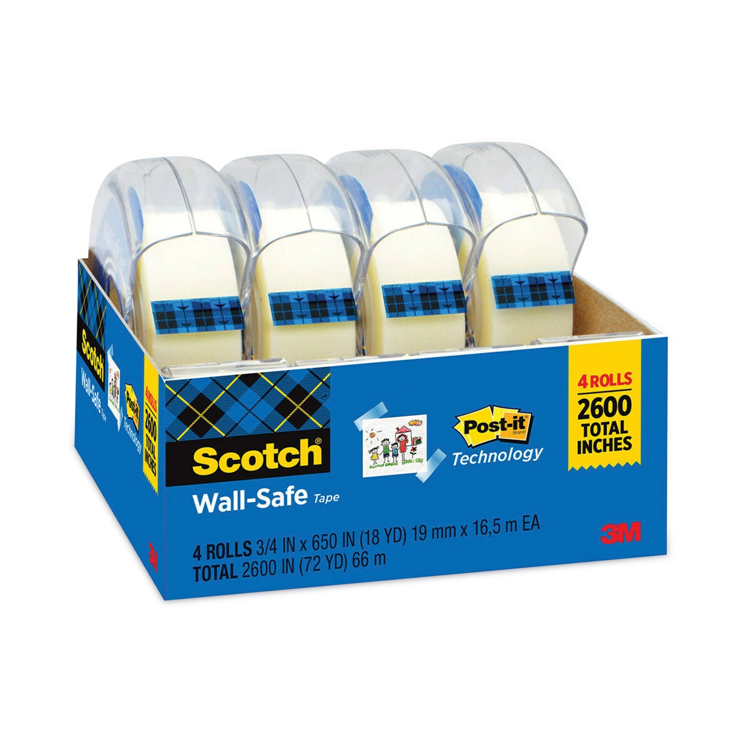 Scotch® Wall-Safe Tape with Dispenser, 1" Core, 0.75" x 54.17 ft, Clear, 4/Pack