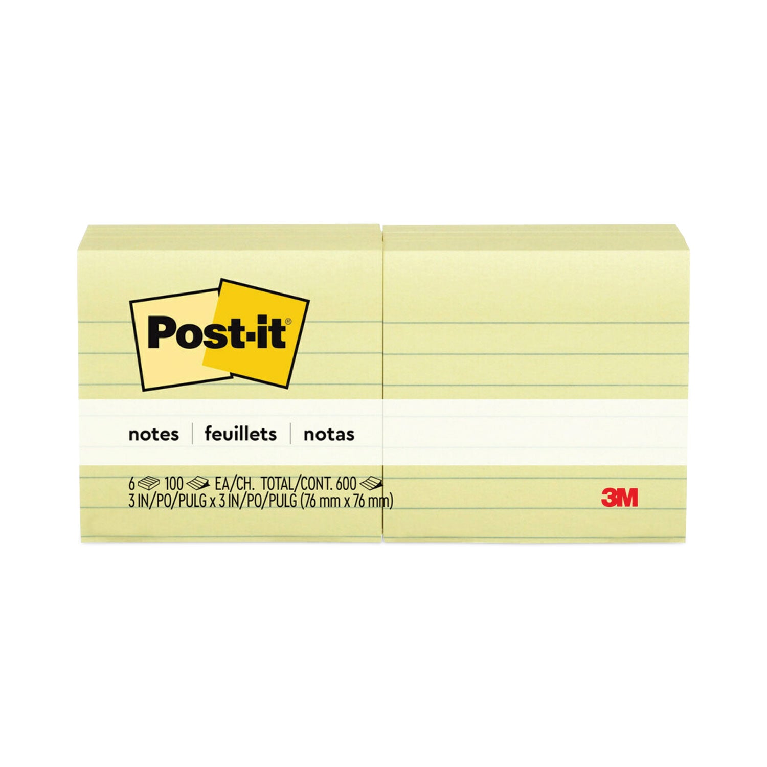 Post-it® Notes Original Pads in Canary Yellow, Note Ruled, 3" x 3", 100 Sheets/Pad, 6 Pads/Pack