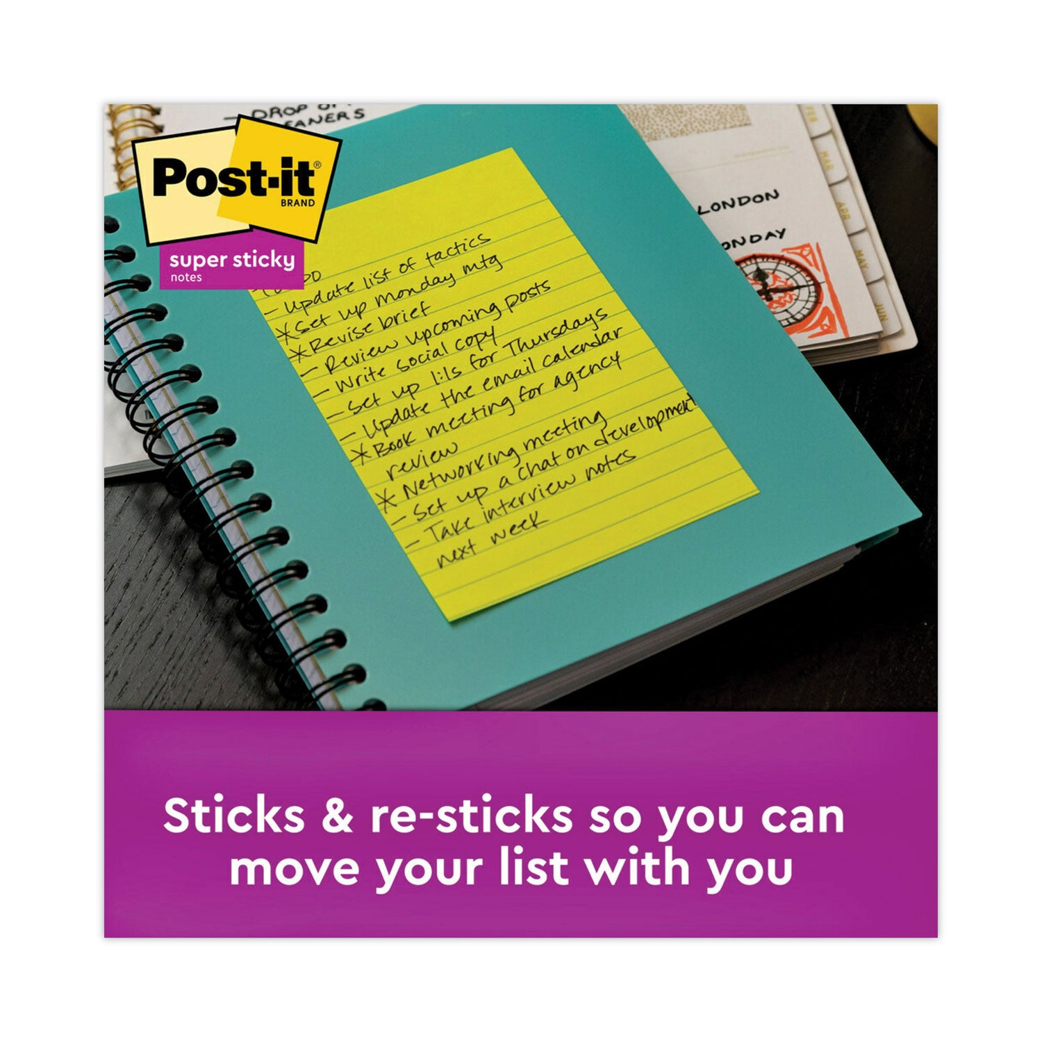 Post-it® Notes Super Sticky Pads in Energy Boost Collection Colors, Note Ruled, 4" x 6", 90 Sheets/Pad, 3 Pads/Pack