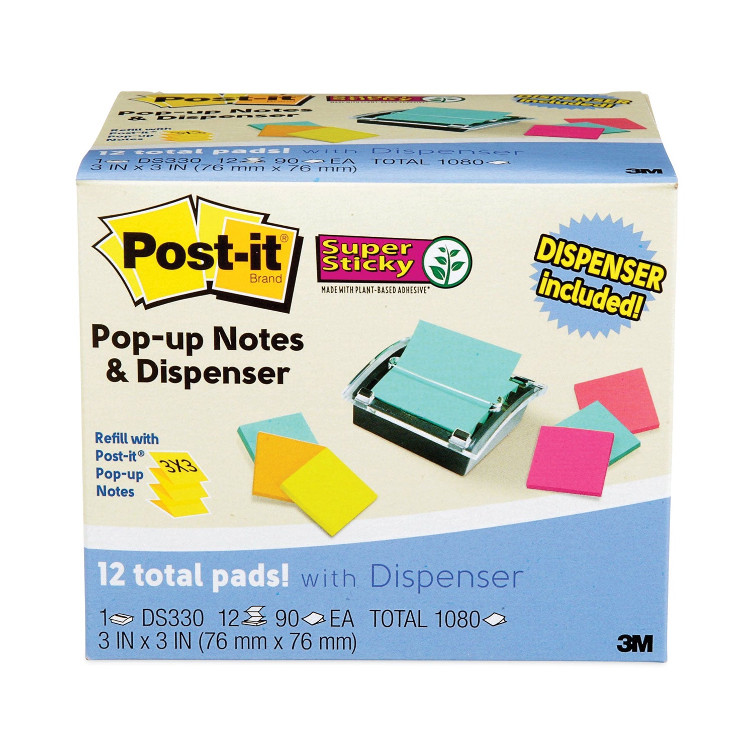 Post-it® Pop-up Notes Super Sticky Pop-up Dispenser Value Pack, For 3 x 3 Pads, Black/Clear, Includes (12) Marrakesh Rio de Janeiro Super Sticky Pop-up Pad