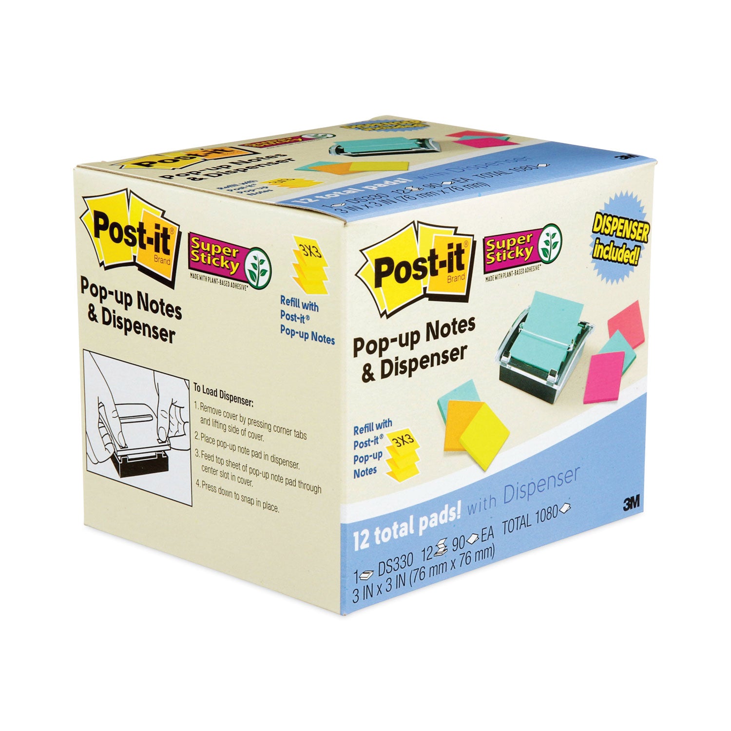 Post-it® Pop-up Notes Super Sticky Pop-up Dispenser Value Pack, For 3 x 3 Pads, Black/Clear, Includes (12) Marrakesh Rio de Janeiro Super Sticky Pop-up Pad