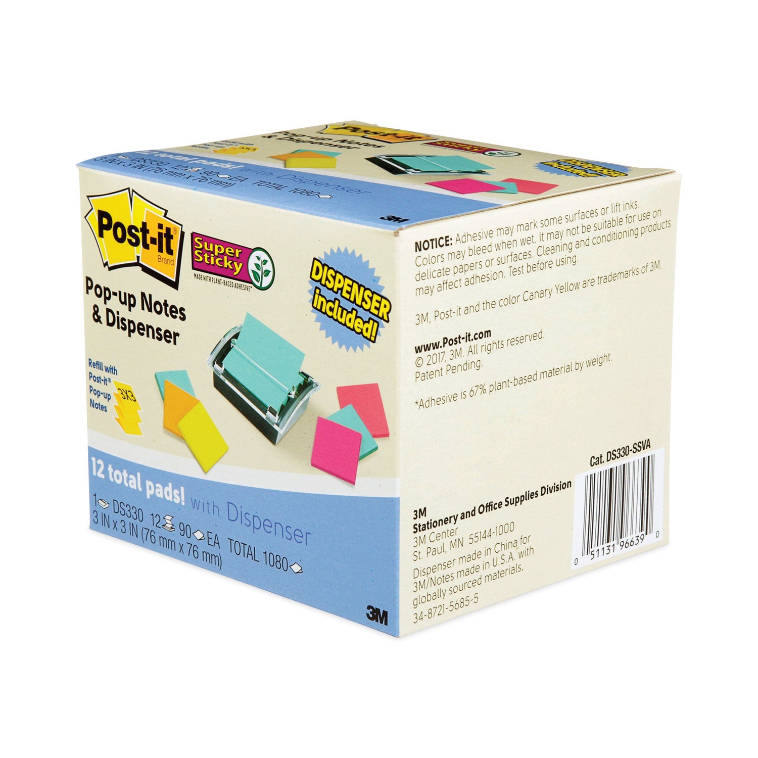 Post-it® Pop-up Notes Super Sticky Pop-up Dispenser Value Pack, For 3 x 3 Pads, Black/Clear, Includes (12) Marrakesh Rio de Janeiro Super Sticky Pop-up Pad