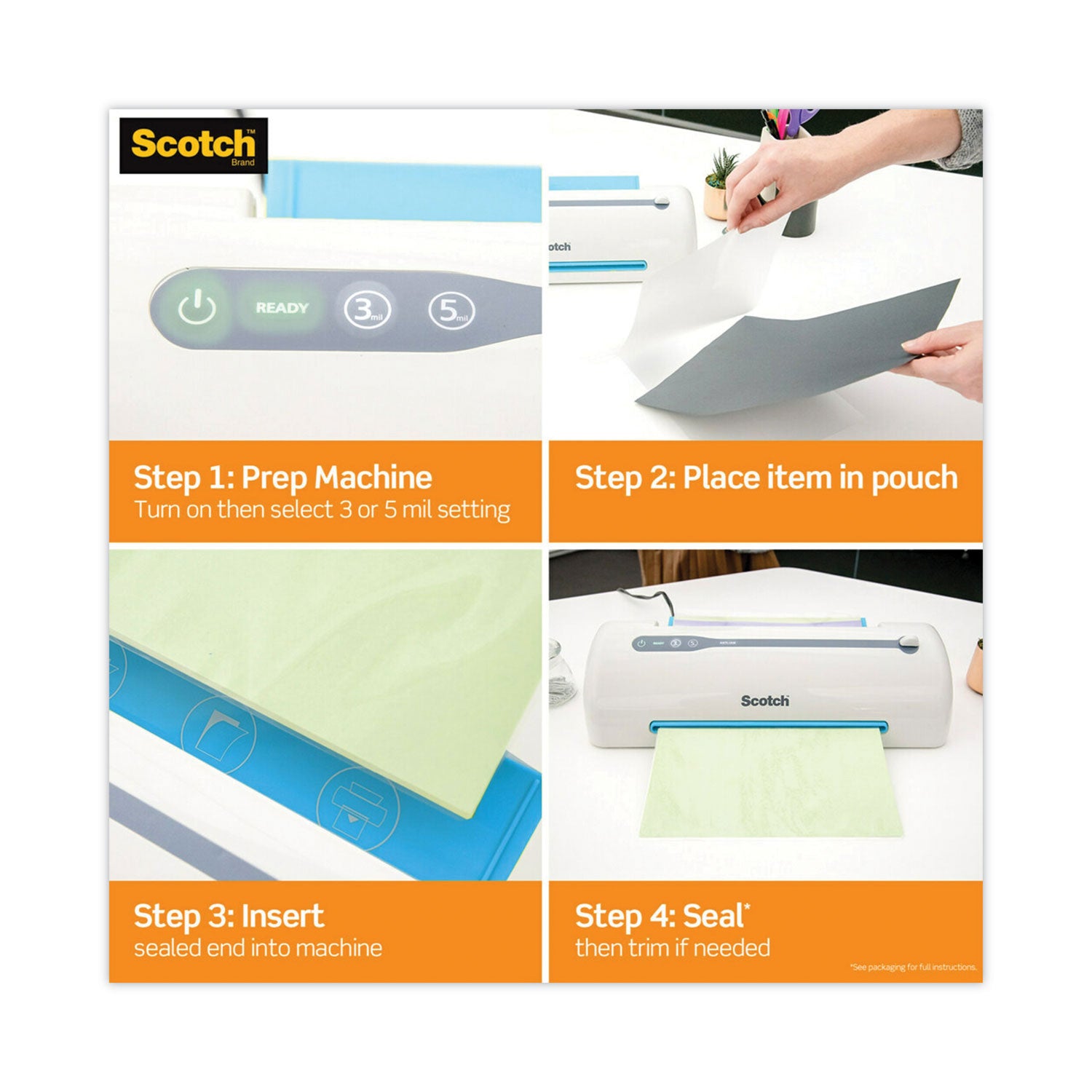 Scotch™ Self-Sealing Laminating Pouches, 9.5 mil, 3.88" x 2.44", Gloss Clear, 25/Pack